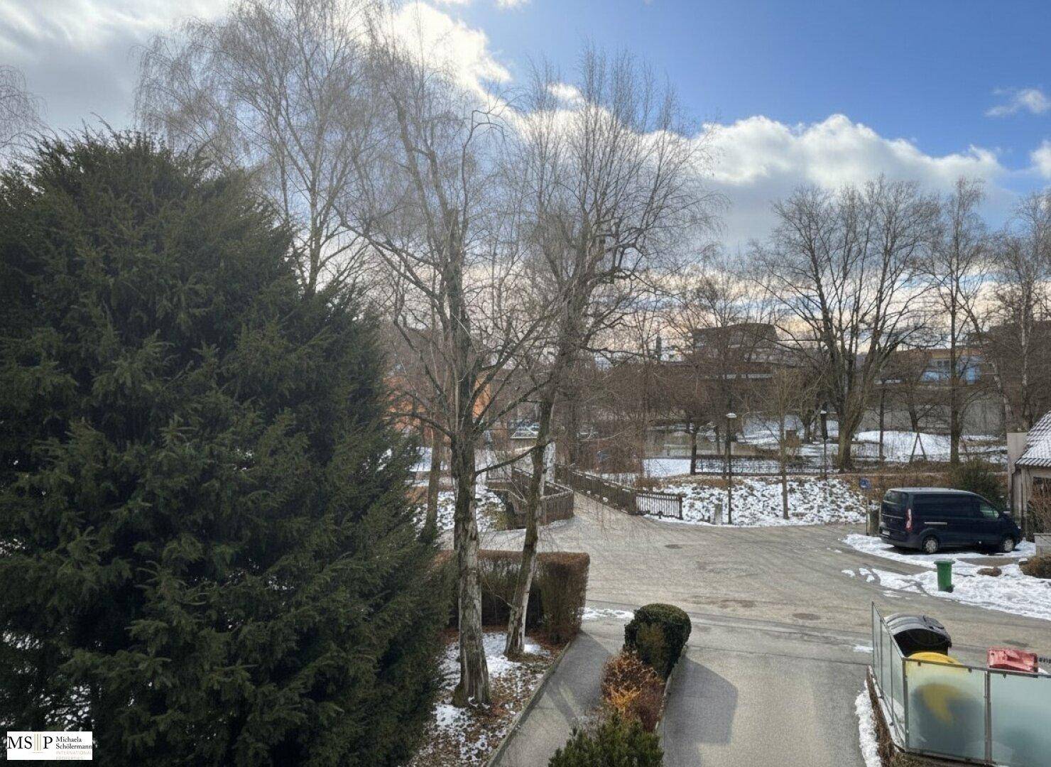 Winterliche Außenansicht mit Bäumen, einem Parkplatz und Schnee auf dem Boden.