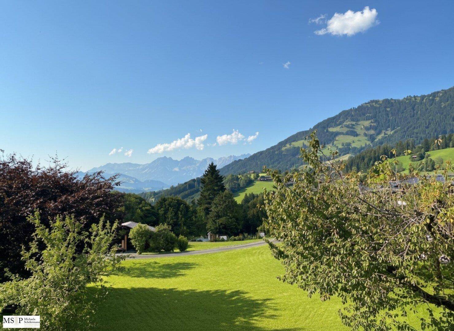 Weitläufiger Blick auf grüne Wiesen und die majestätische Bergkette unter blauem Himmel.