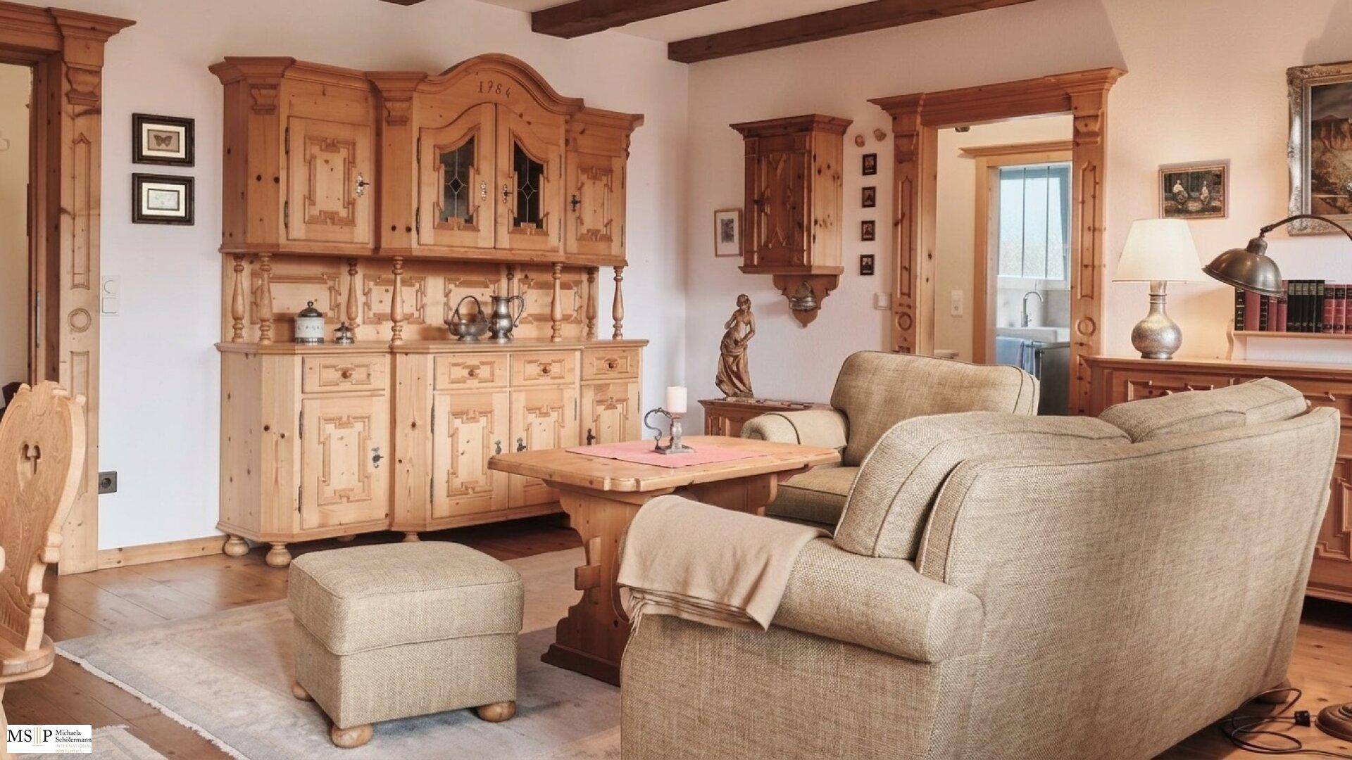 Gemütliches Wohnzimmer im alpinen Stil mit traditionellen Holzmöbeln, bequemen Sofas und sichtbaren Deckenbalken.