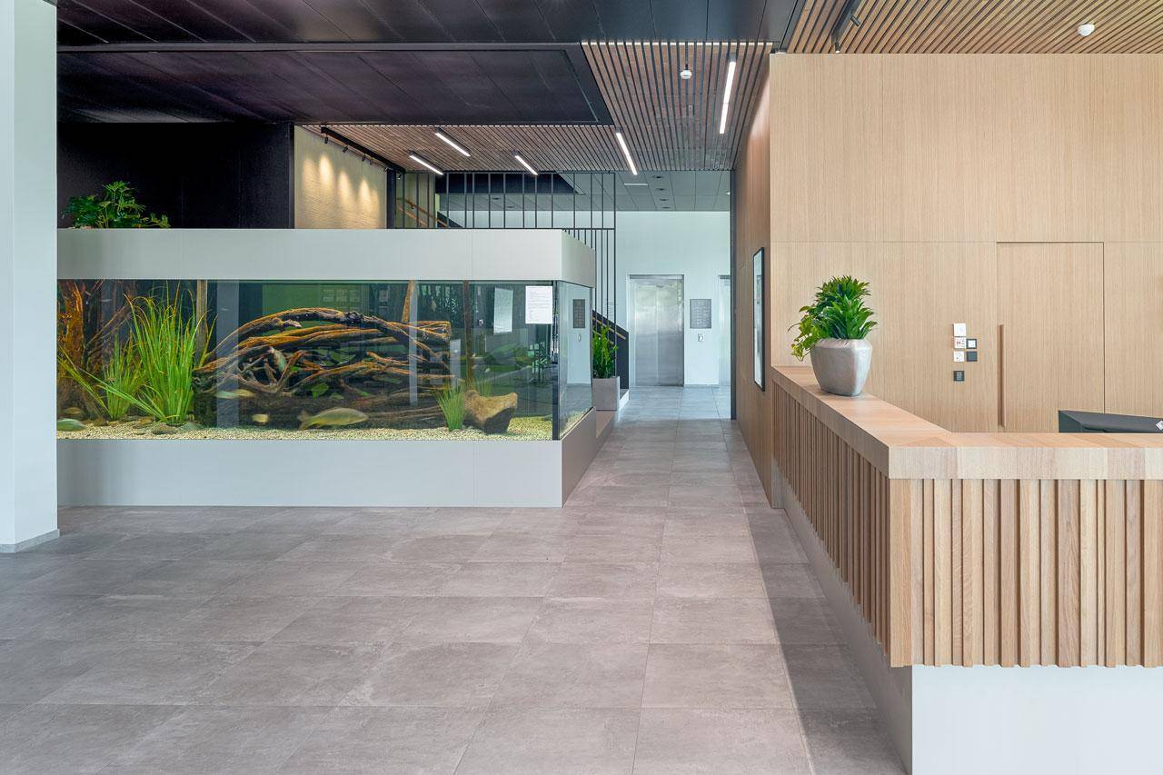 Empfangsbereich mit Holztresen, großem Aquarium und Zugang zu Aufzügen und Treppenhaus.