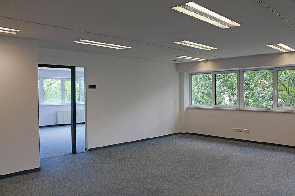 Leerer Büroraum mit grauem Teppichboden, weißen Wänden und Fenstern, die einen Blick ins Grüne bieten.