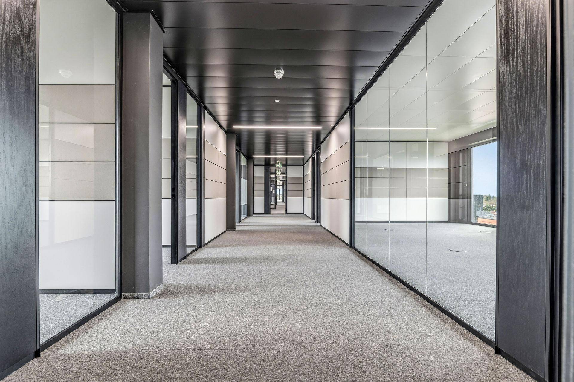 Langer, moderner Bürogang mit Glaswänden und Teppichboden, der zu weiteren Büroräumen führt.