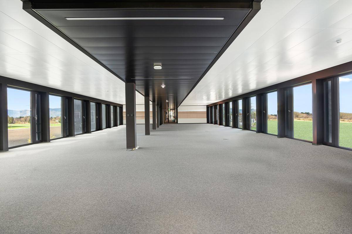 Geräumiger, leerer Büroraum mit Teppichboden, hohen Decken und durchgehenden Fensterfronten mit Landschaftsblick.
