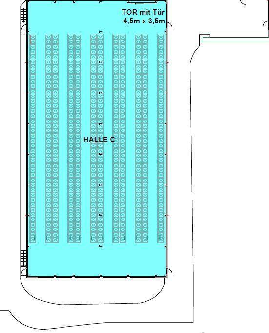 Grundriss der Halle C mit eingezeichneten Lagerregalen und einem großen Rolltor für den Zugang.