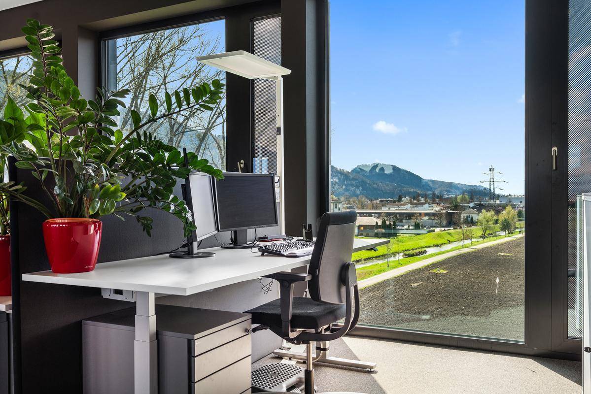Moderner Arbeitsplatz mit zwei Monitoren und einem weiten Blick auf die grüne Landschaft und Berge.