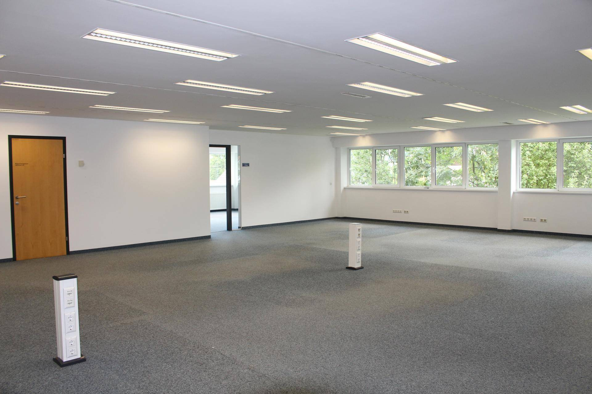Geräumiger, leerer Büroraum mit grauem Teppichboden, weißen Wänden und großen Fenstern mit Blick ins Grüne.