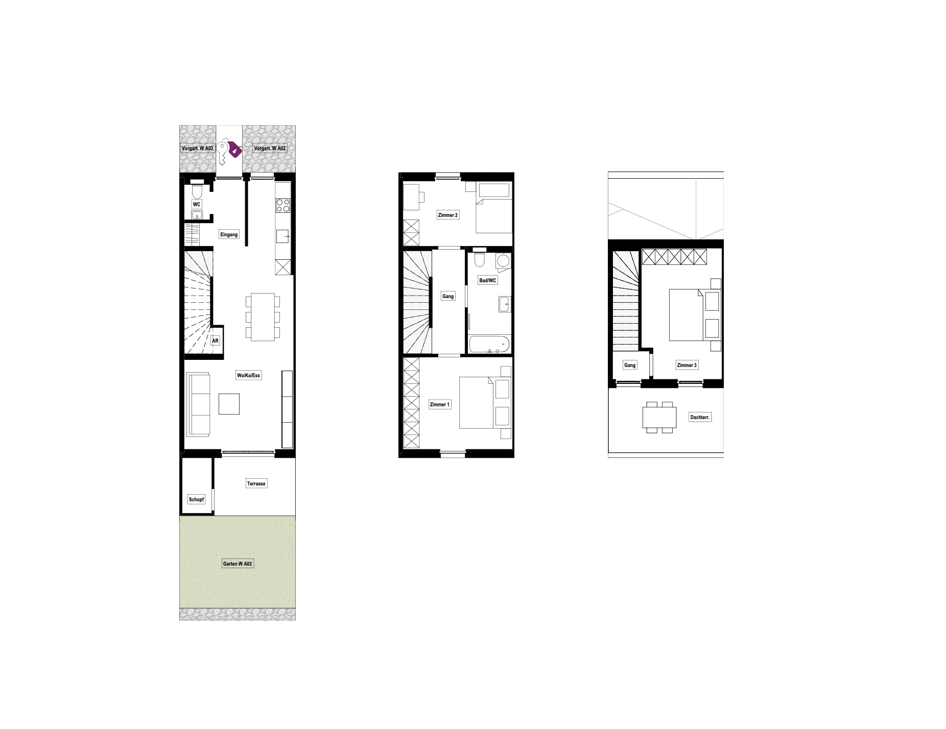 Grundrissplan eines Reihenhauses mit drei Etagen, Garten und Dachterrasse.