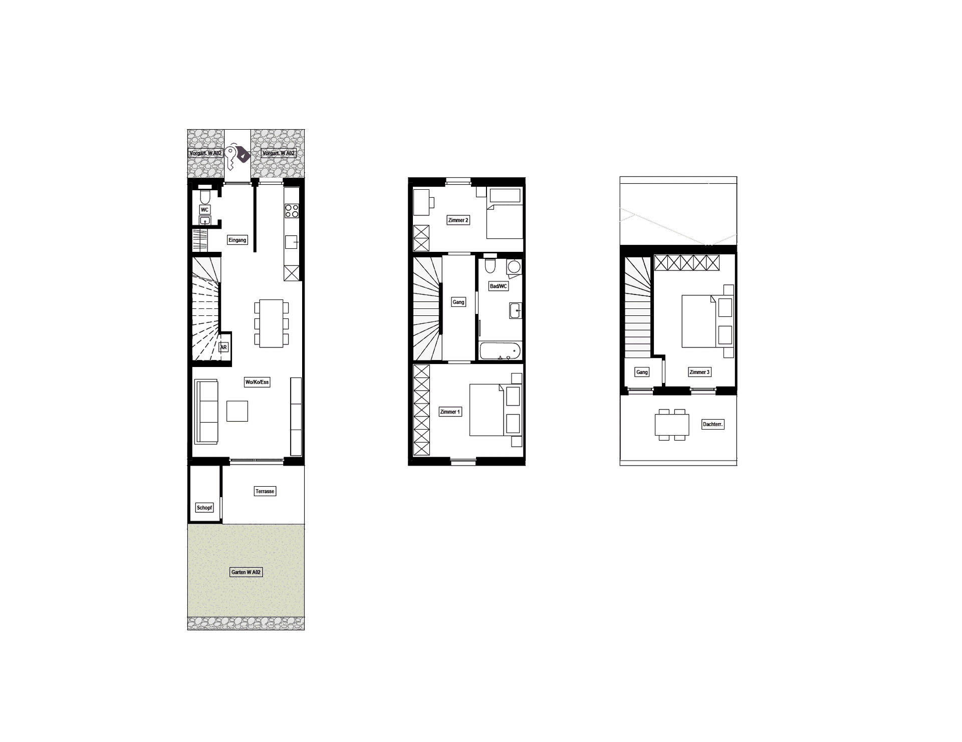 Detaillierter Grundrissplan mit drei Etagen, Garten und Terrasse.