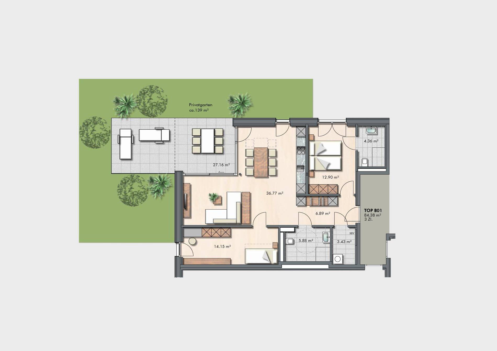 Detaillierter Grundriss der Wohnung TOP B01 mit privatem Garten und Terrasse.