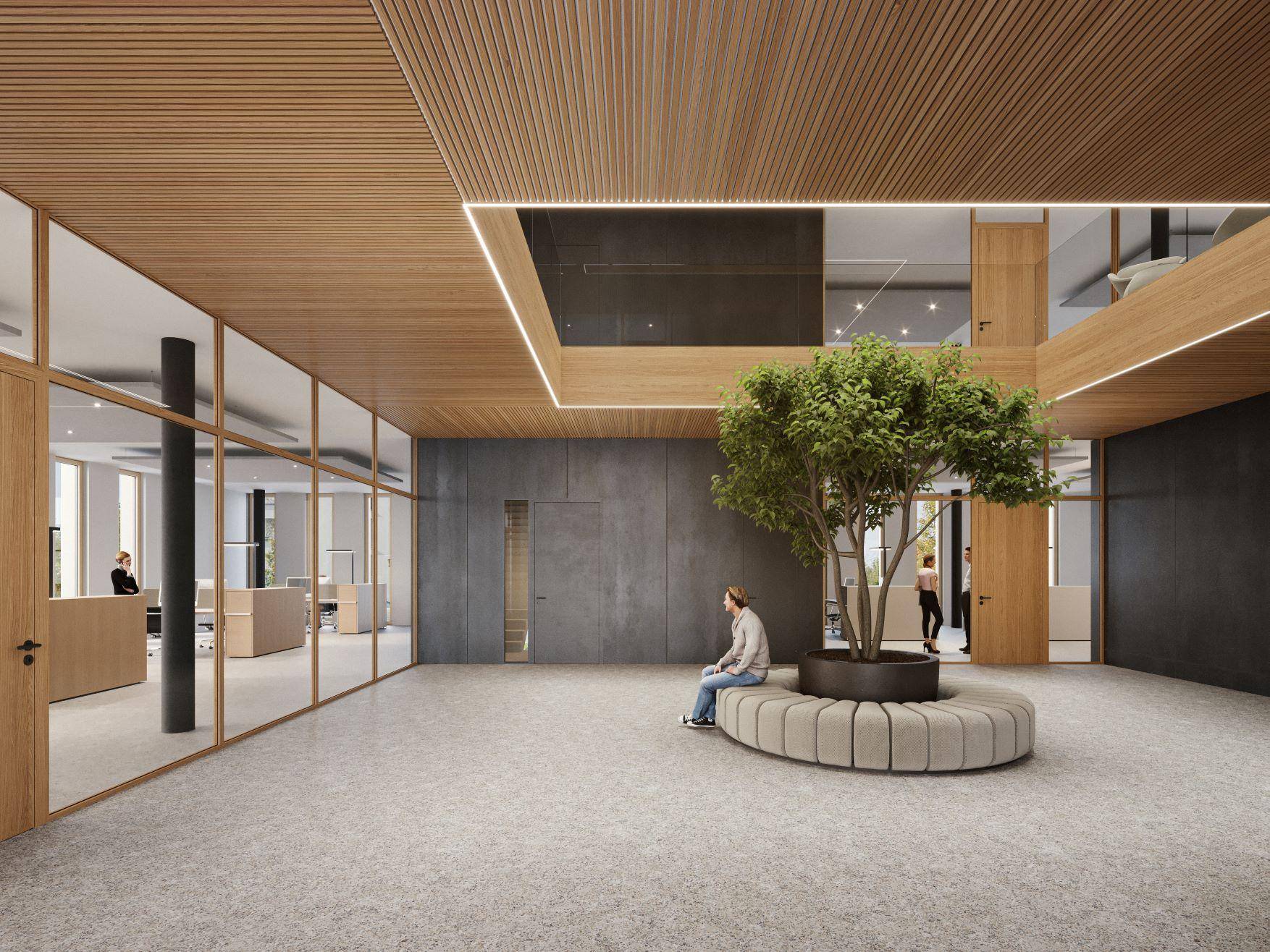 Einladende Bürolobby mit Holzelementen, einem Baum und bequemen Sitzgelegenheiten für Besucher.