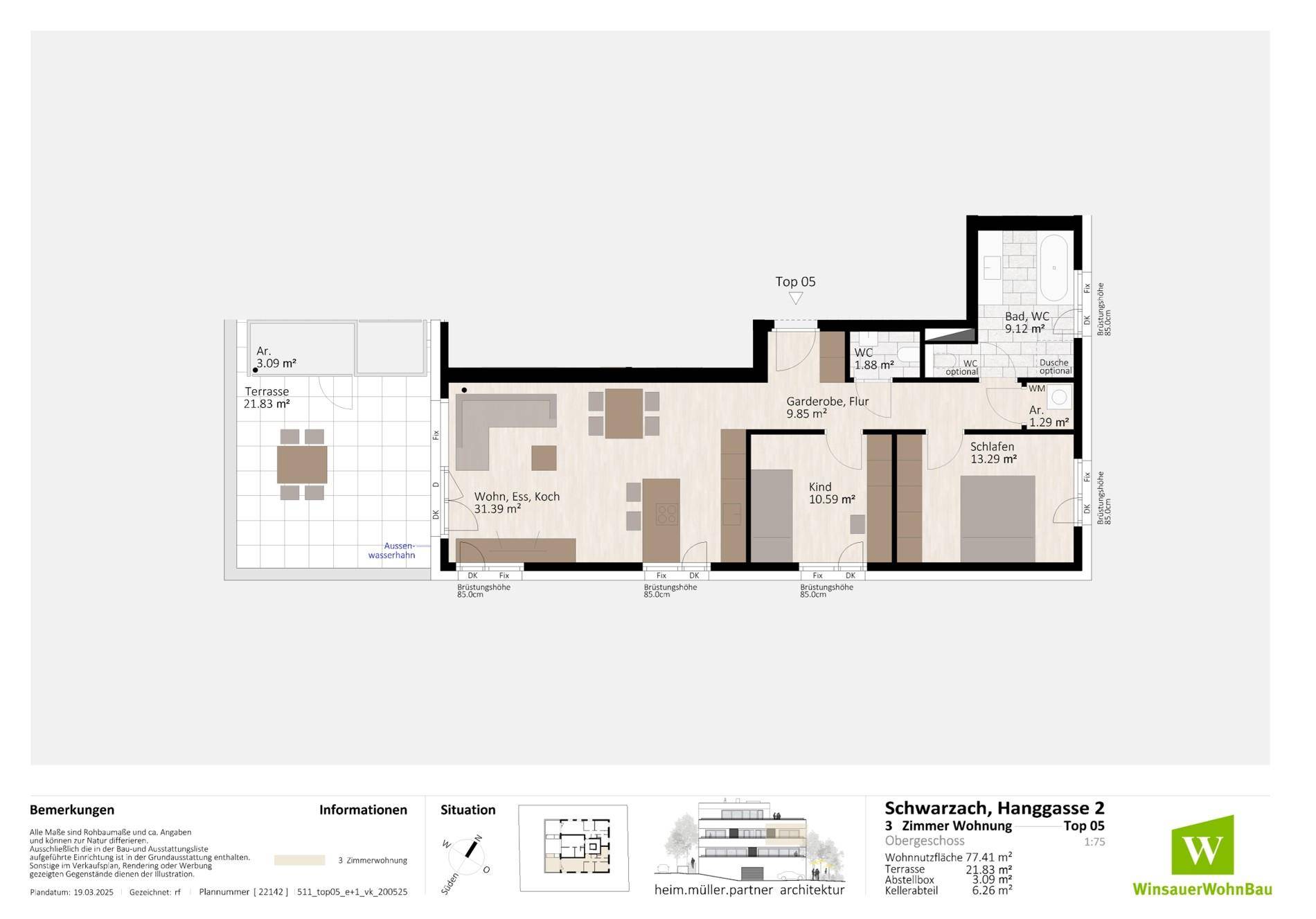 Detaillierter Grundriss einer 3-Zimmer-Wohnung mit Terrasse und offenem Wohnbereich.