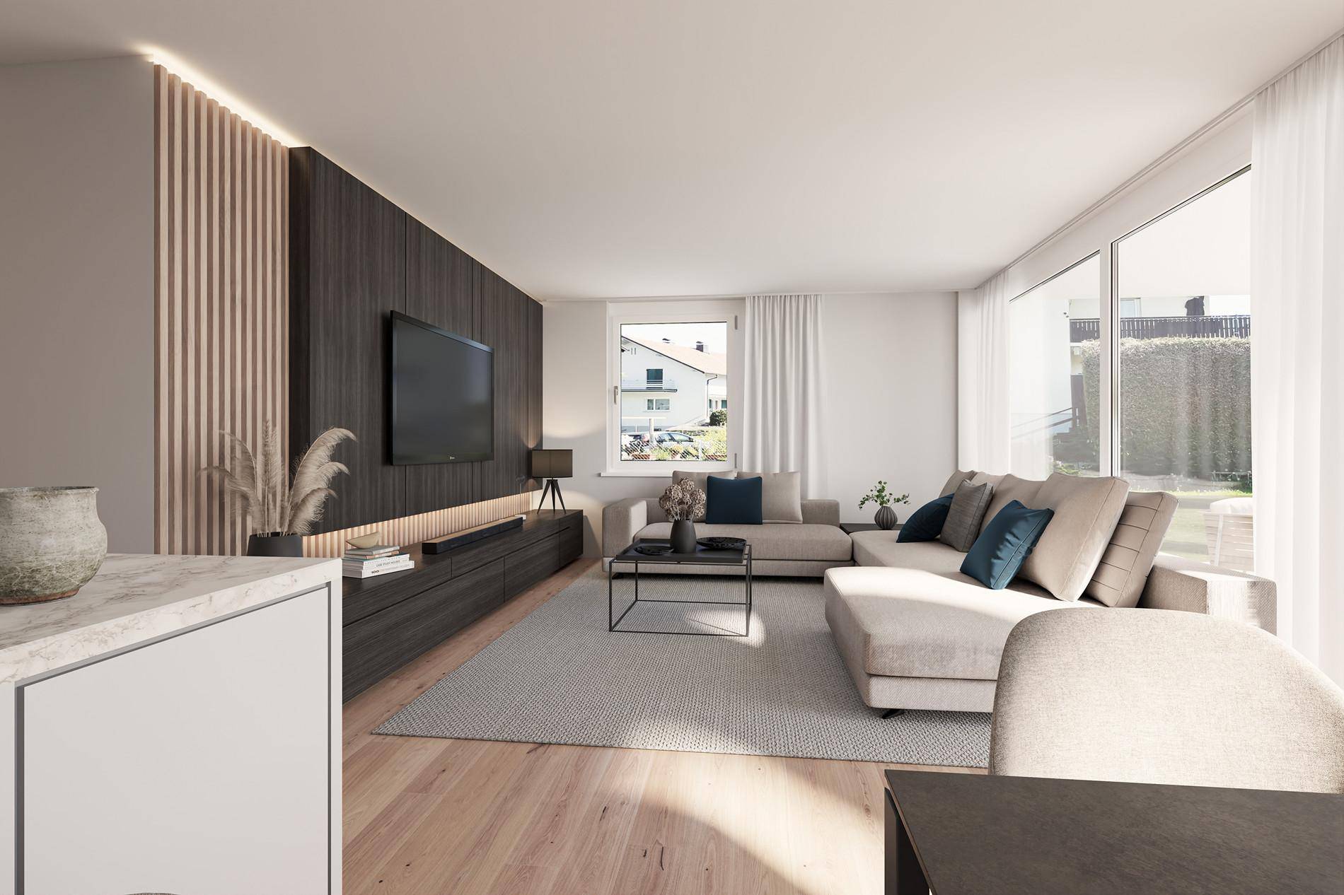 Modernes Wohnzimmer mit großem Sofa, Medieneinheit und viel Tageslicht durch große Fenster.