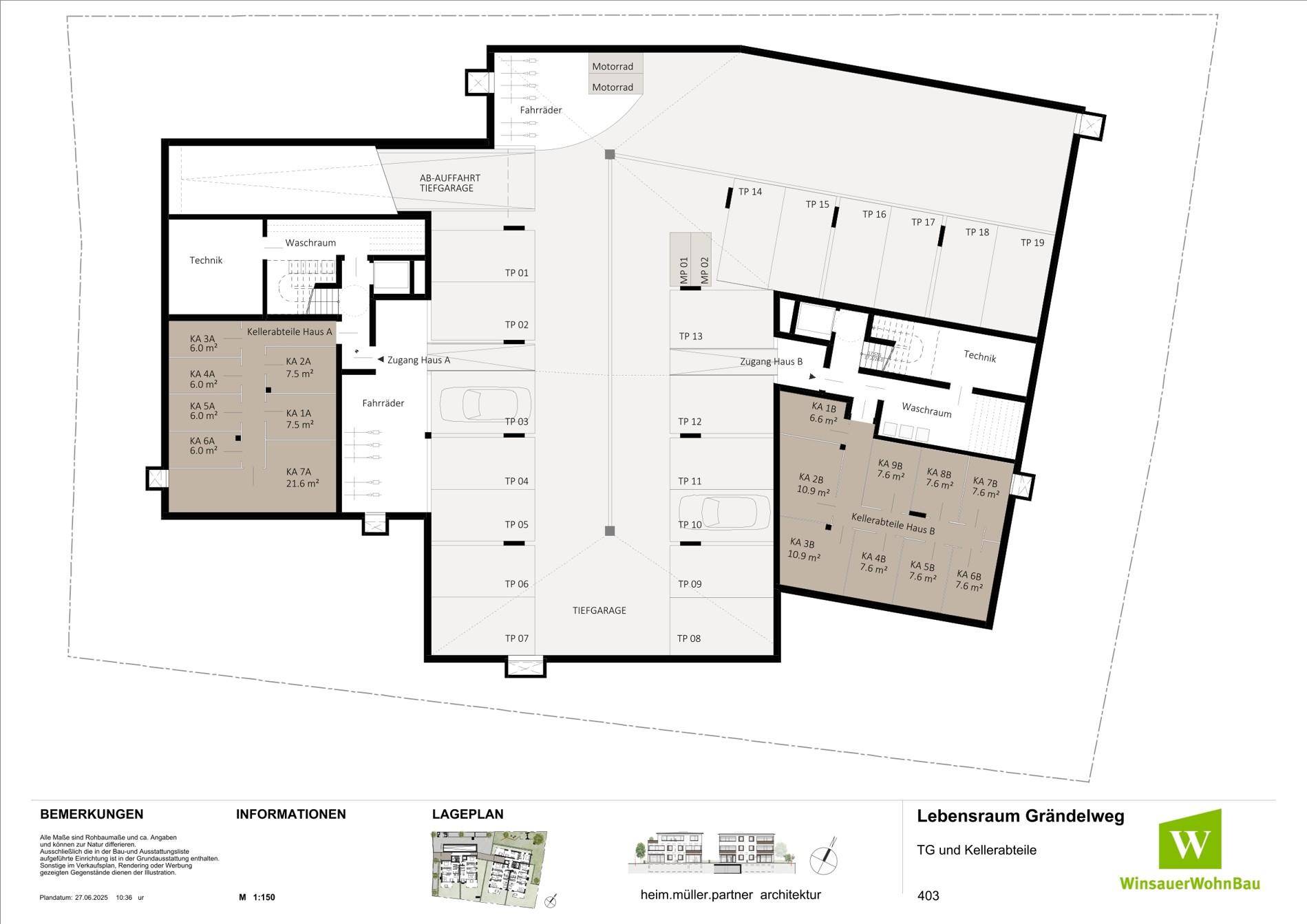 Grundriss der Tiefgarage und Kellerräume mit Abstellflächen und Technikräumen.