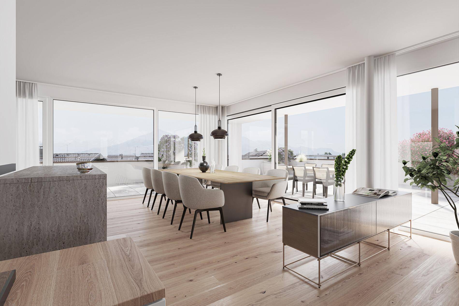 Heller, offener Wohn-Essbereich mit Holzboden, großem Esstisch und Zugang zur Terrasse.