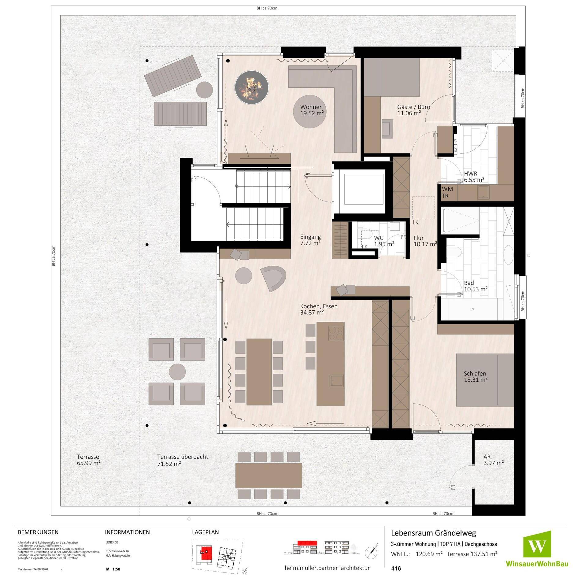 Detaillierter Grundriss einer 3-Zimmer-Wohnung mit großer Terrasse und offenem Wohnbereich.
