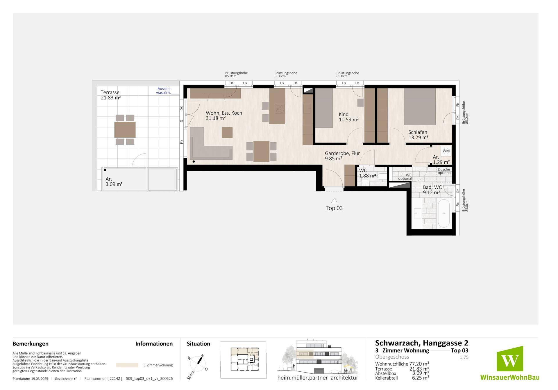 Grundriss einer 3-Zimmer-Wohnung mit offenem Wohnbereich, zwei Schlafzimmern und großer Terrasse.