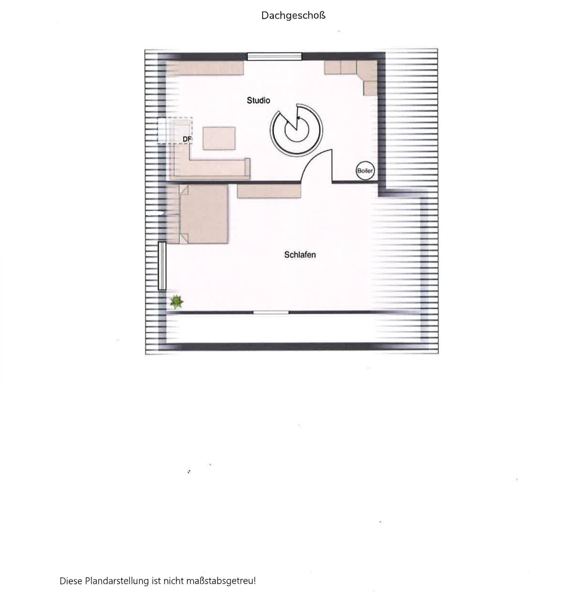 Grundriss des Dachgeschosses mit Studiobereich und Schlafzimmer.
