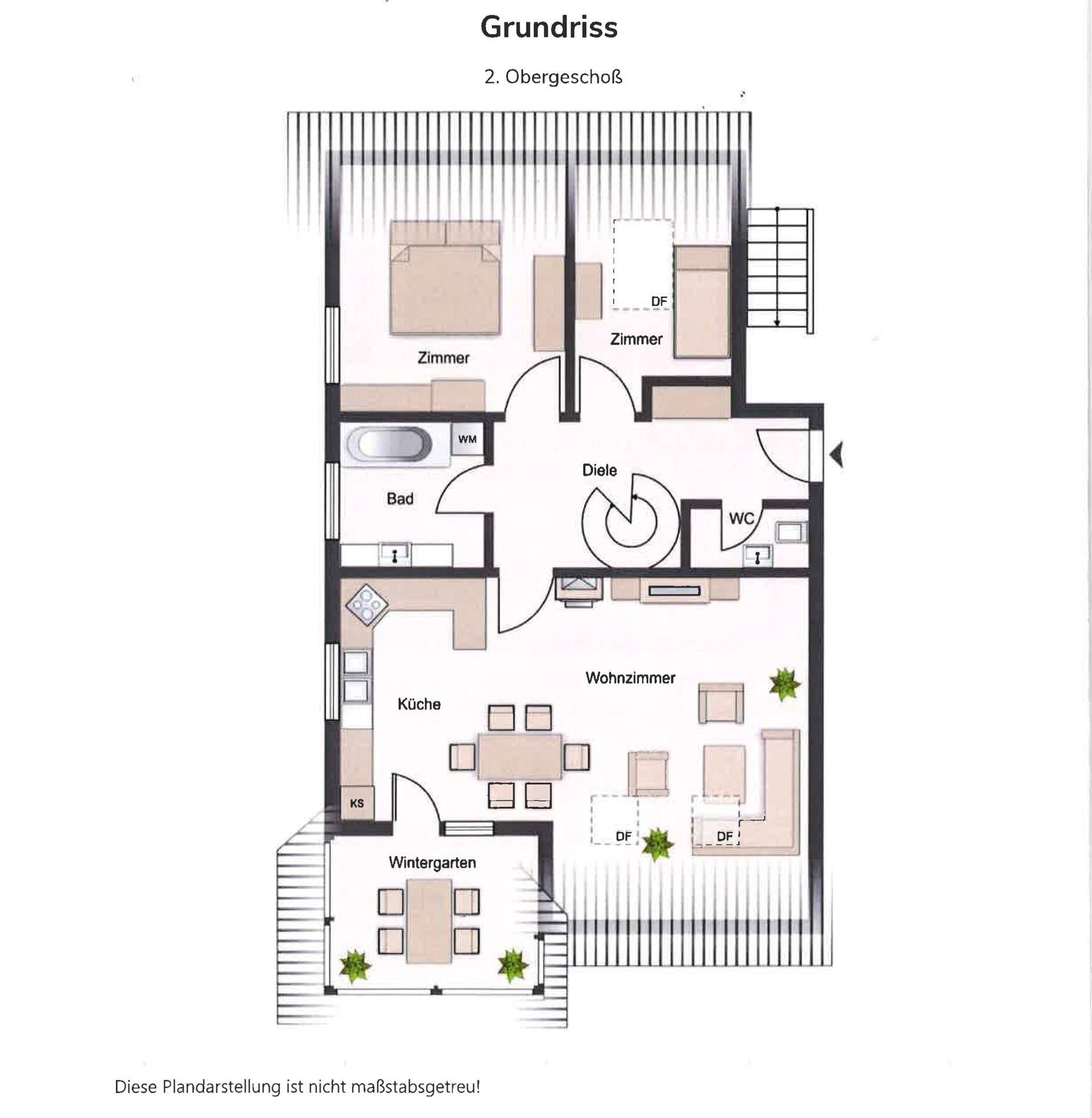 Grundriss des zweiten Obergeschosses mit Küche, Wohnzimmer, Bad und Wintergarten.