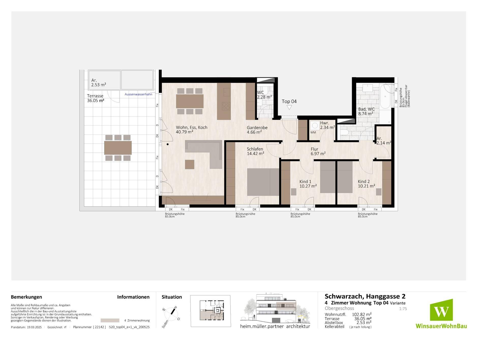 Grundriss einer 4-Zimmer-Wohnung mit großer Terrasse und offenem Wohnbereich.