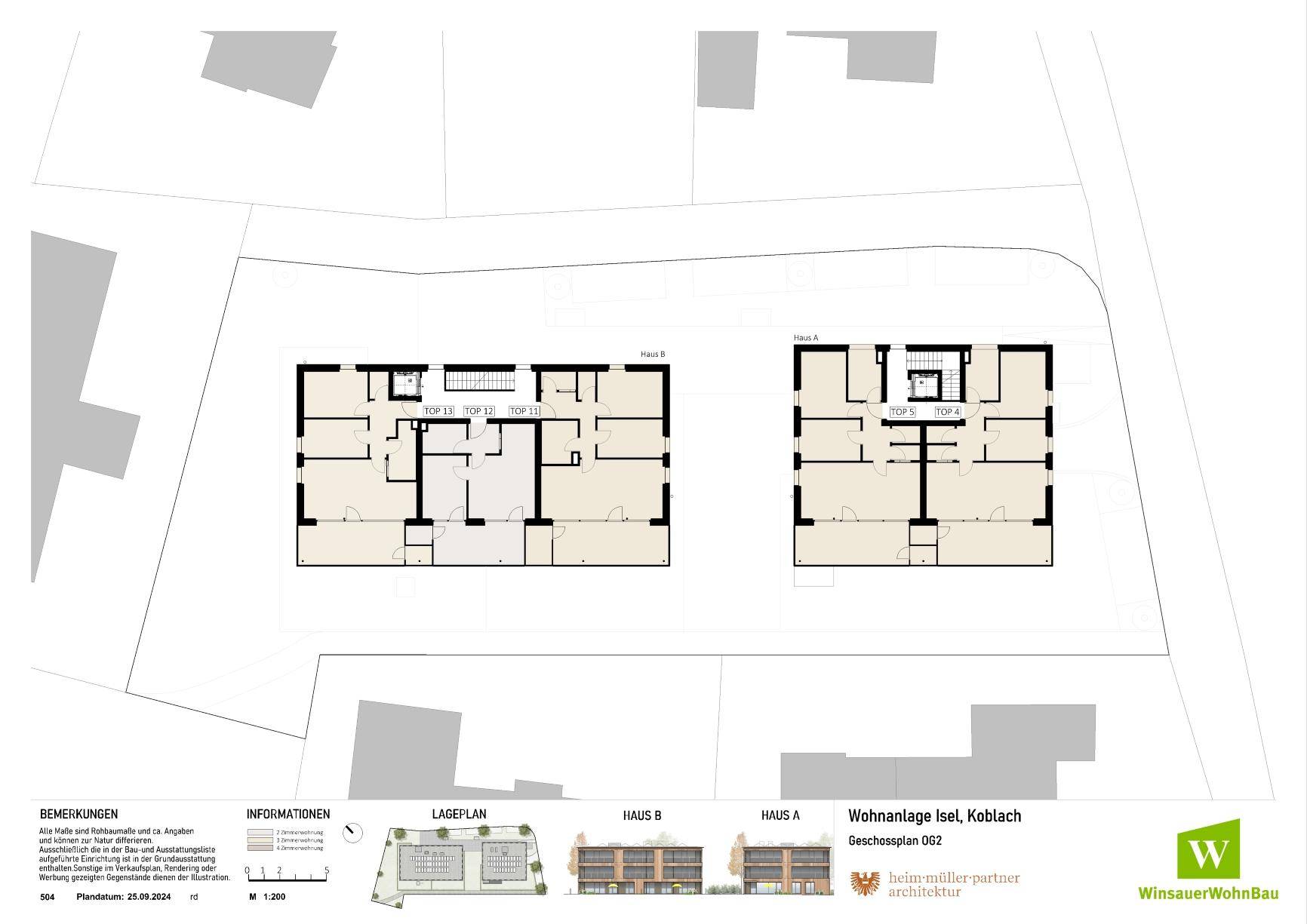 Grundrissplan für zwei Gebäude mit mehreren Wohneinheiten pro Etage.