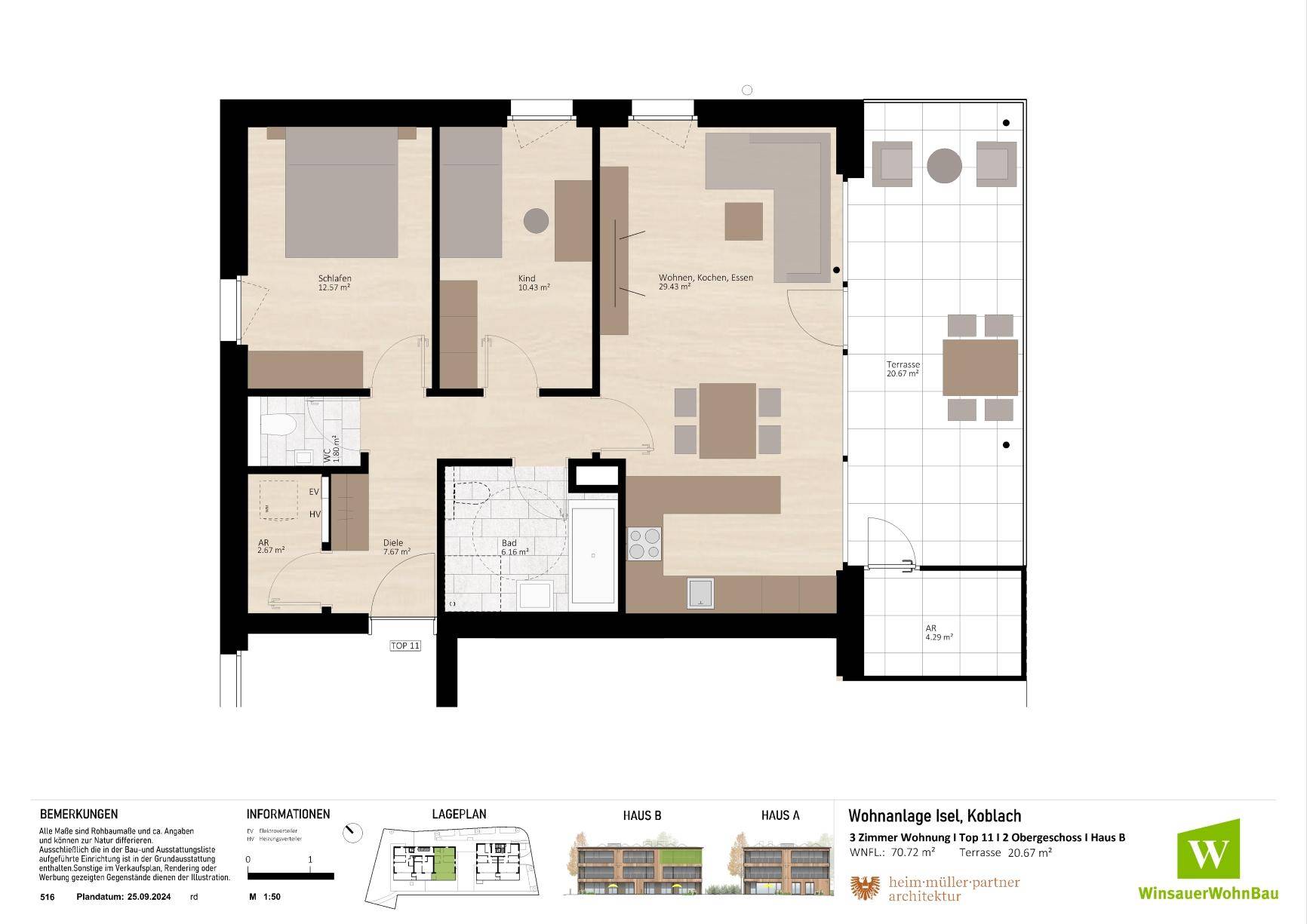 Detaillierter Grundriss einer 3-Zimmer-Wohnung mit offener Küche und großer Terrasse.