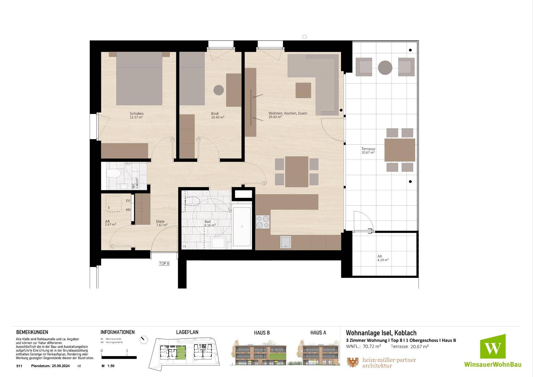 Detaillierter Grundriss einer 3-Zimmer-Wohnung mit offenem Wohnbereich, Schlafzimmer und großer Terrasse.