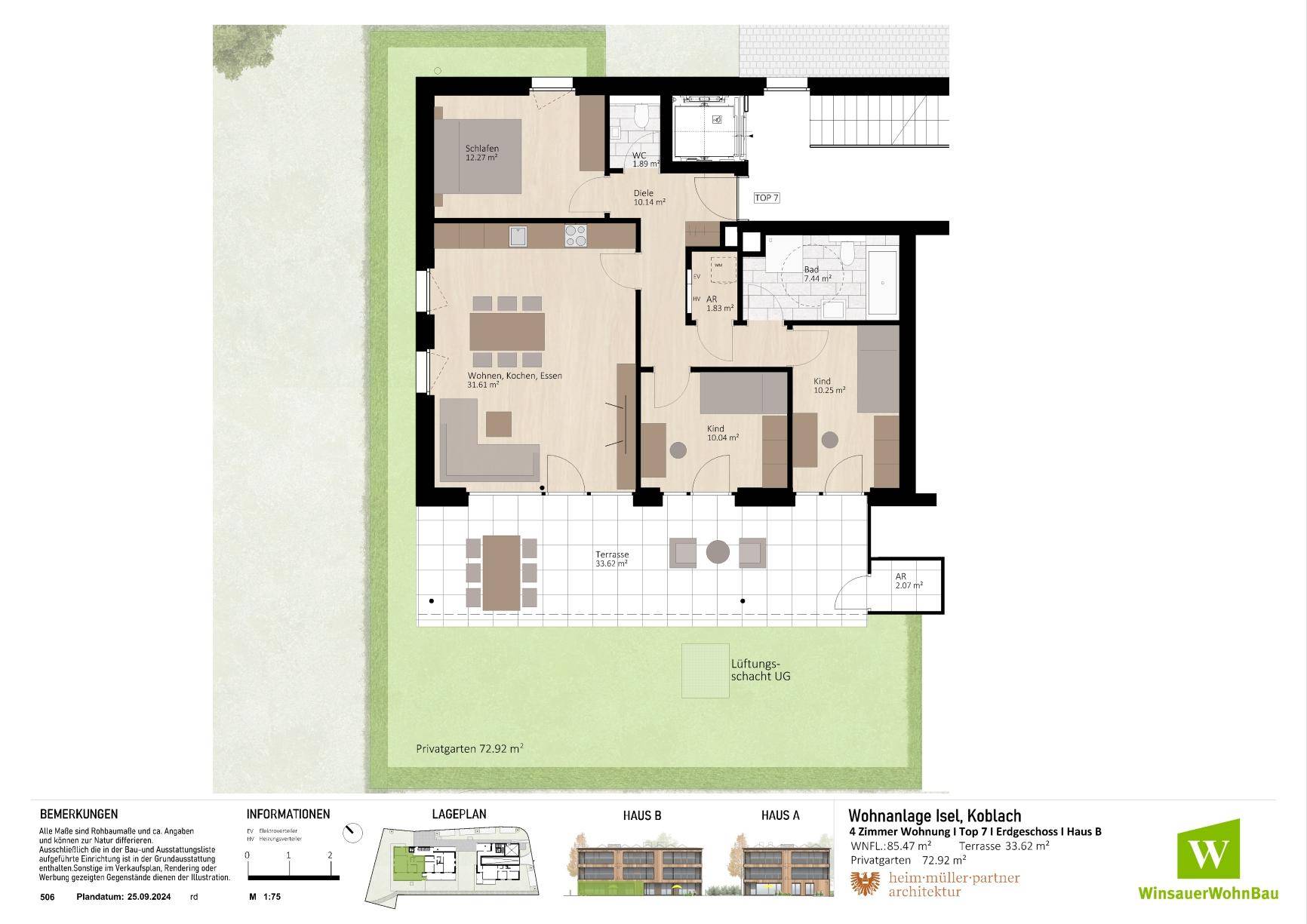 Grundriss einer Erdgeschosswohnung mit Terrasse, privatem Garten und offenem Wohnbereich.