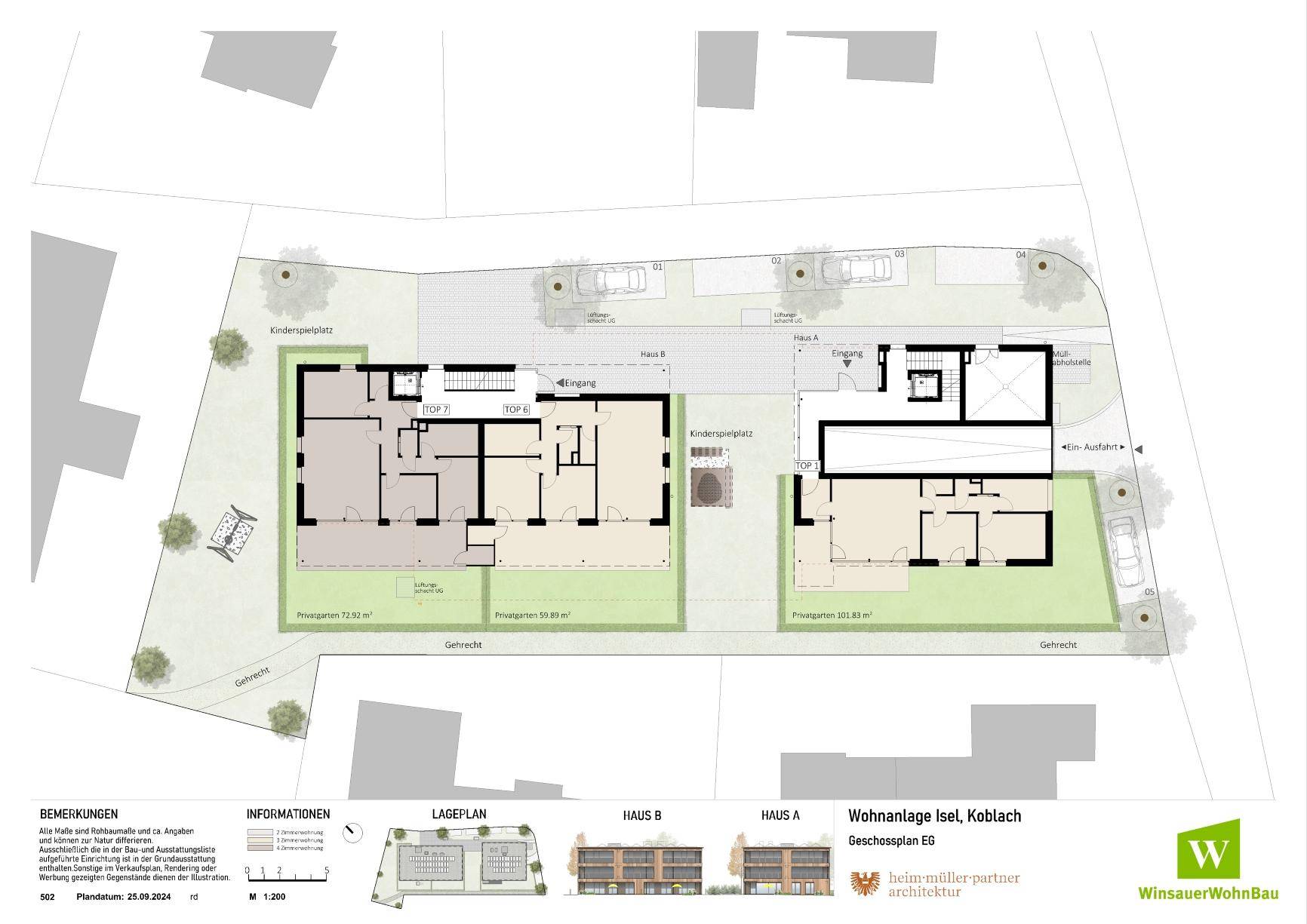 Grundriss des Erdgeschosses mit mehreren Wohnungen, privaten Gärten und einem Gemeinschaftsspielplatz.