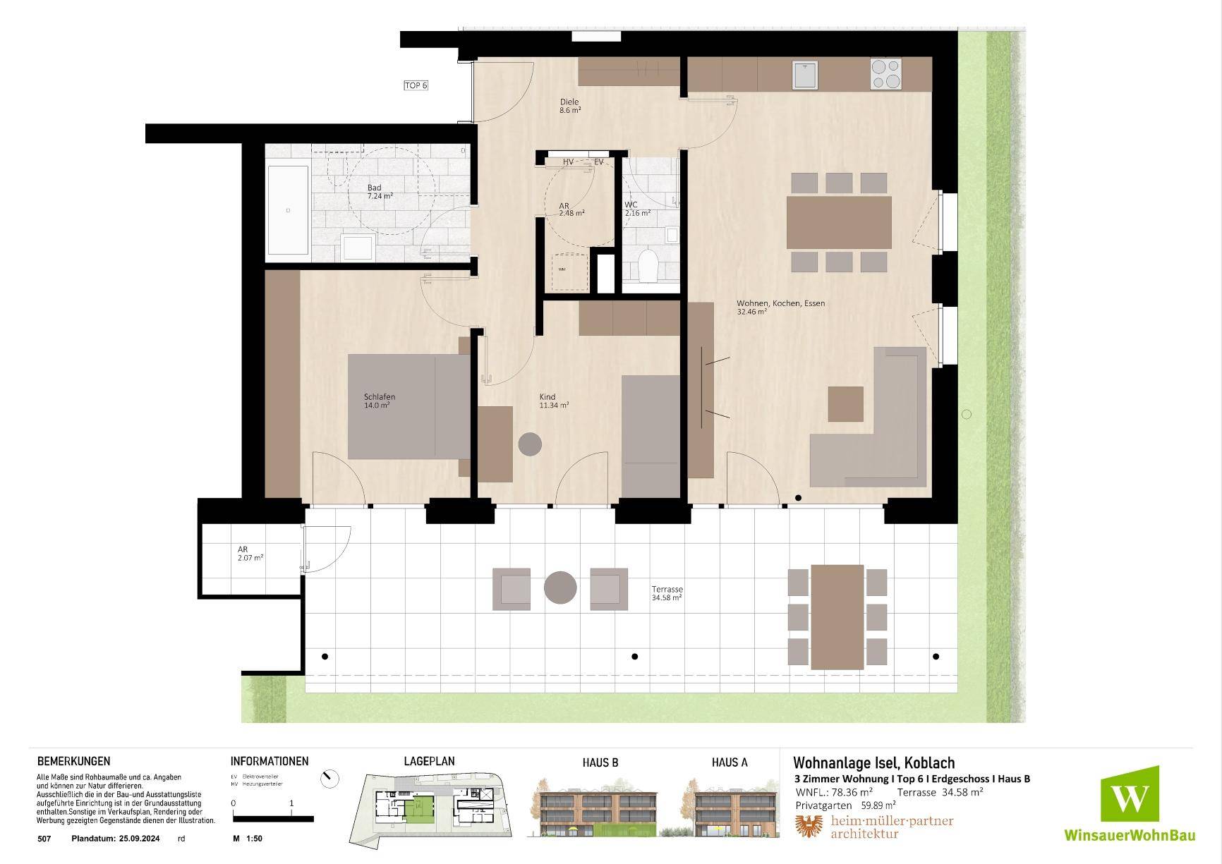 Detaillierter Grundriss einer 3-Zimmer-Wohnung im Erdgeschoss mit großer Terrasse und Gartenanteil.