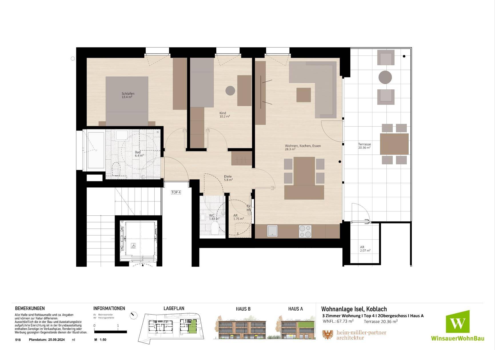 Detaillierter Grundriss einer 3-Zimmer-Wohnung mit offener Küche, Wohnbereich und Terrasse.
