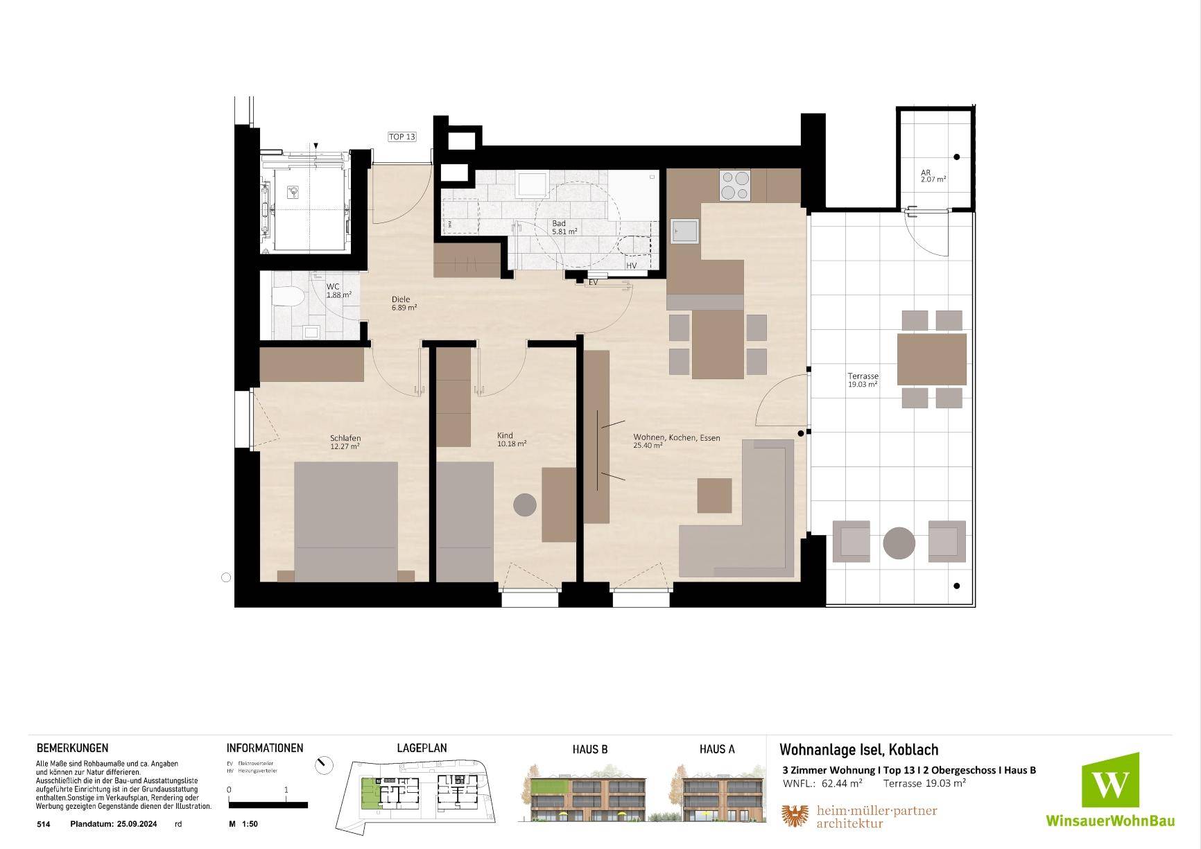 Detaillierter Grundriss der 3-Zimmer-Wohnung TOP 13 mit offener Küche und großer Terrasse.
