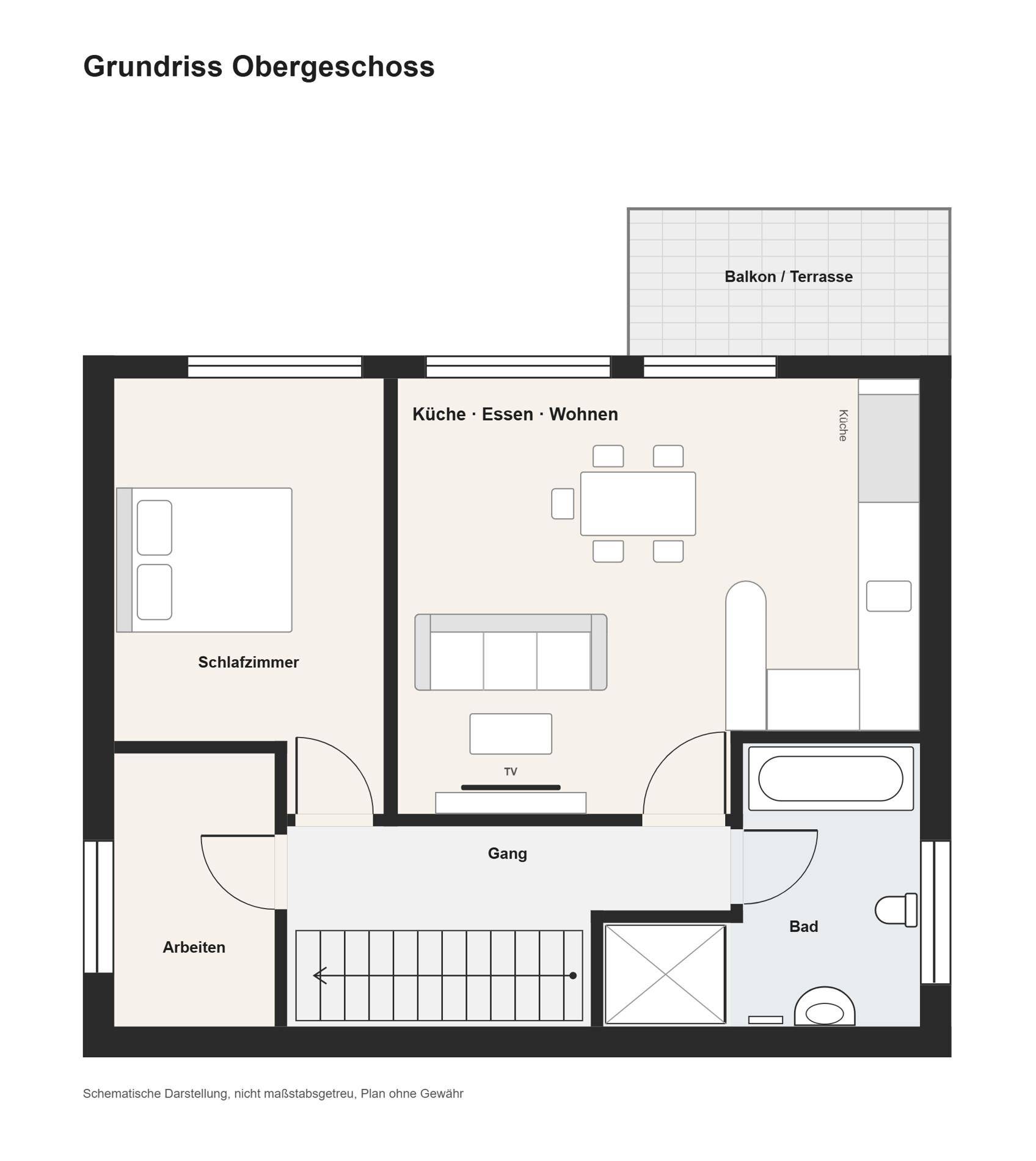 Grundriss des Obergeschosses mit Schlafzimmer, offenem Wohnbereich und Balkon/Terrasse.