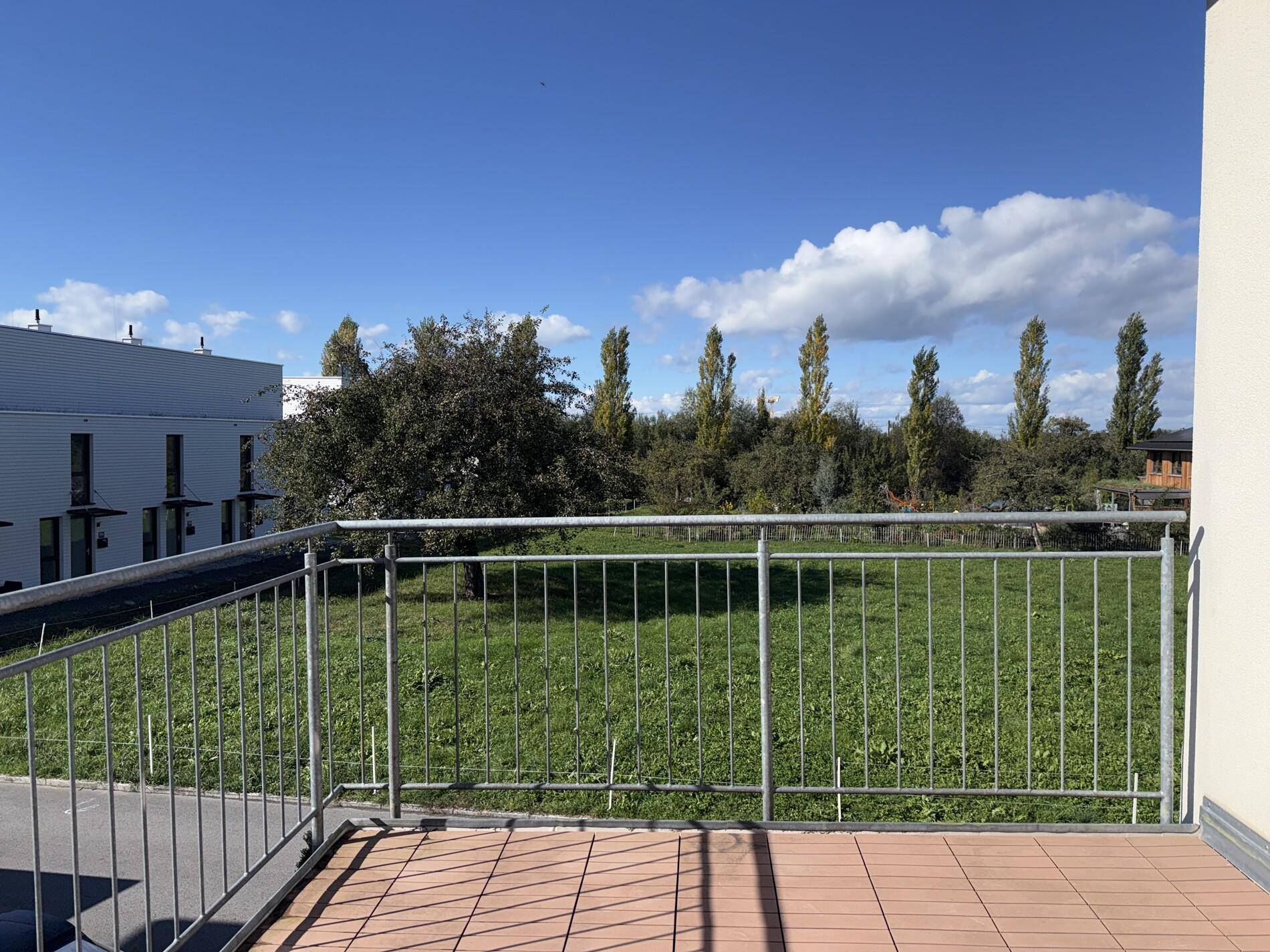 Heller Balkon mit Blick auf eine grüne Wiese und Bäume unter blauem Himmel.