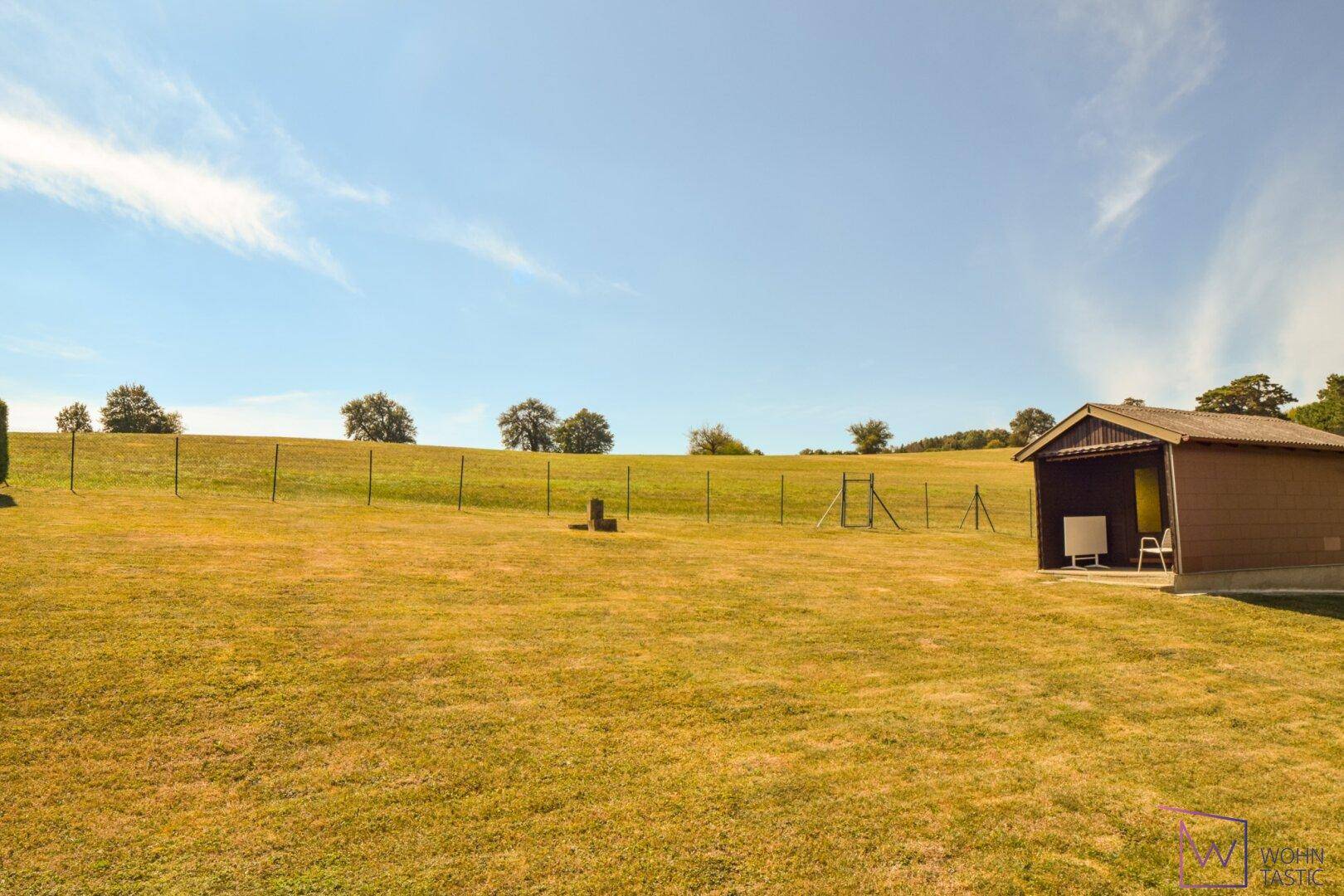 Blick Richtung Garten mit Gartenhaus.