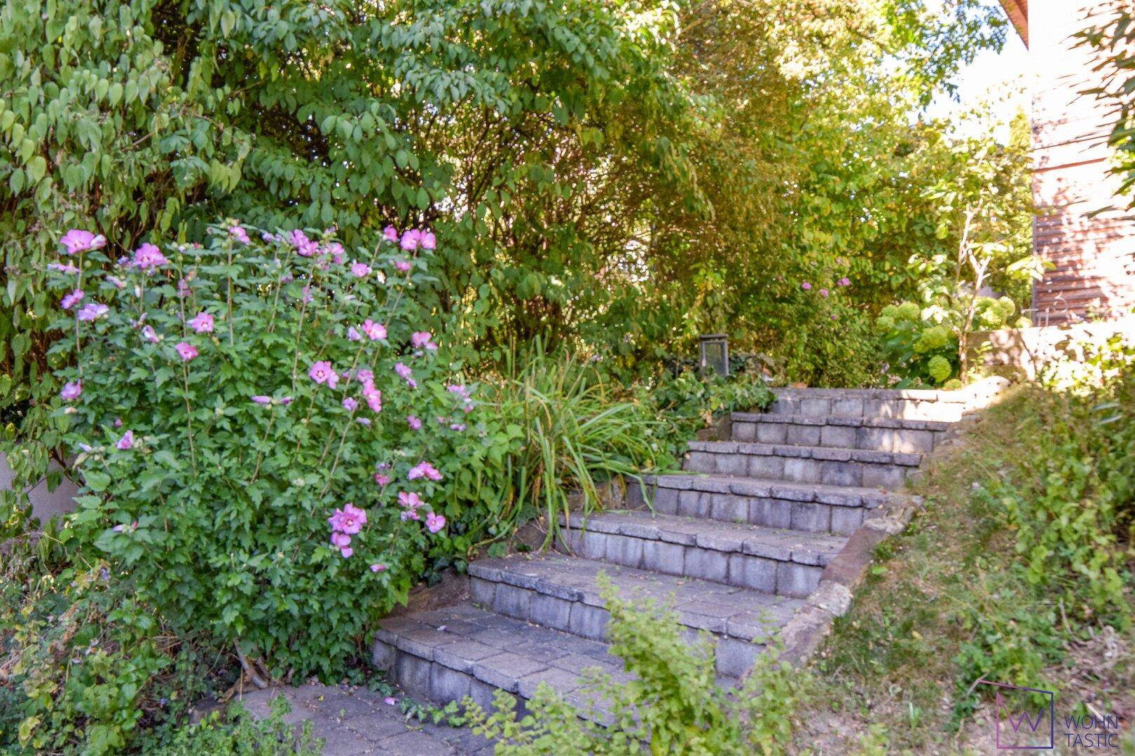 Naturbelassen angelegter Garten mit hochwertigen Steinen.