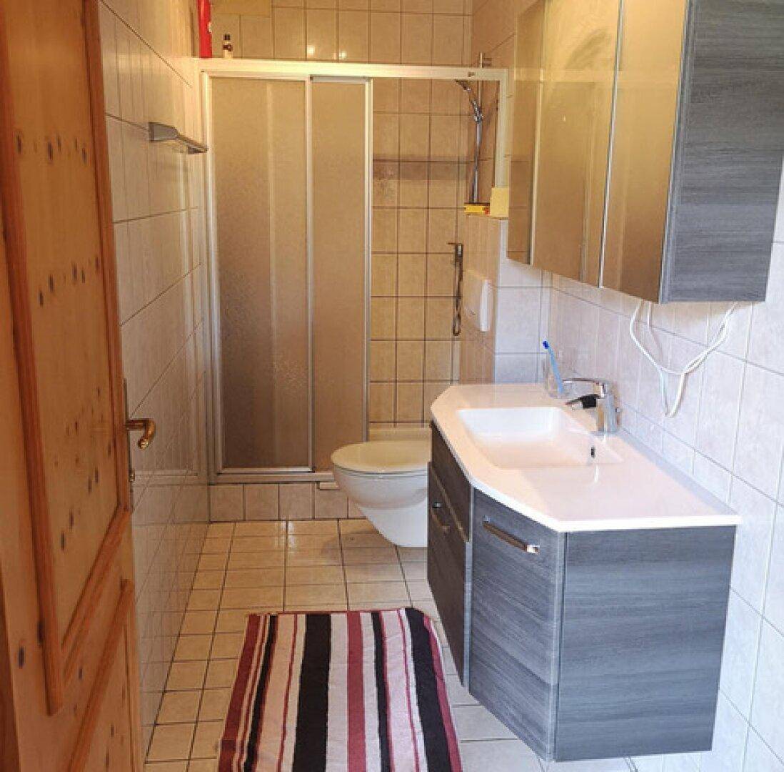 Funktionales Badezimmer mit Duschkabine, WC und modernem Waschtisch mit Spiegelschrank.