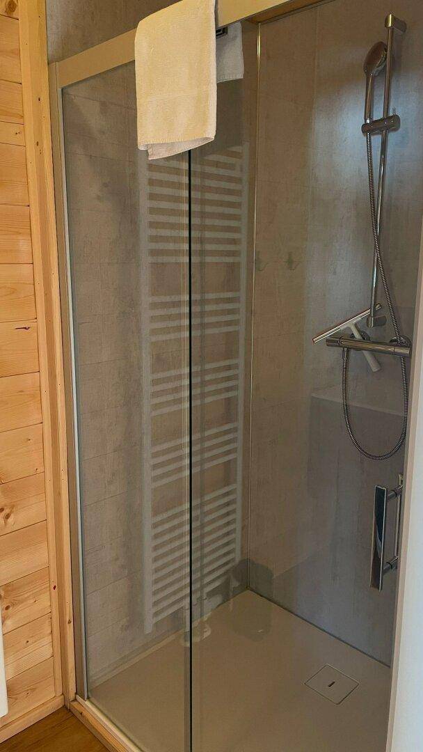 Moderne Duschkabine mit Glasabtrennung und integriertem Handtuchheizkörper in einem stilvollen Badezimmer.