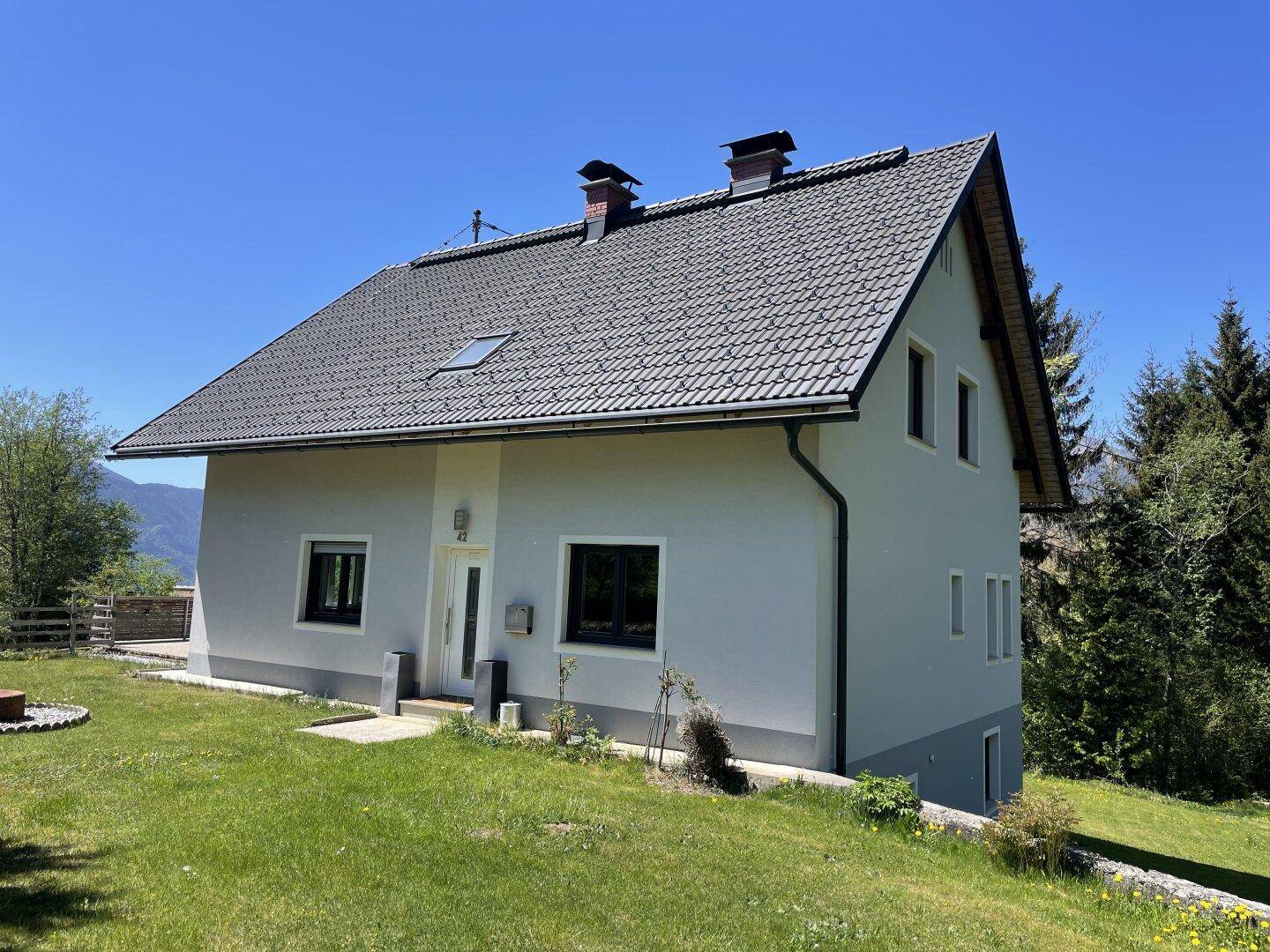 Seitenansicht des Hauses mit Satteldach, Dachfenster und Eingangsbereich, umgeben von grüner Natur und Bergblick.