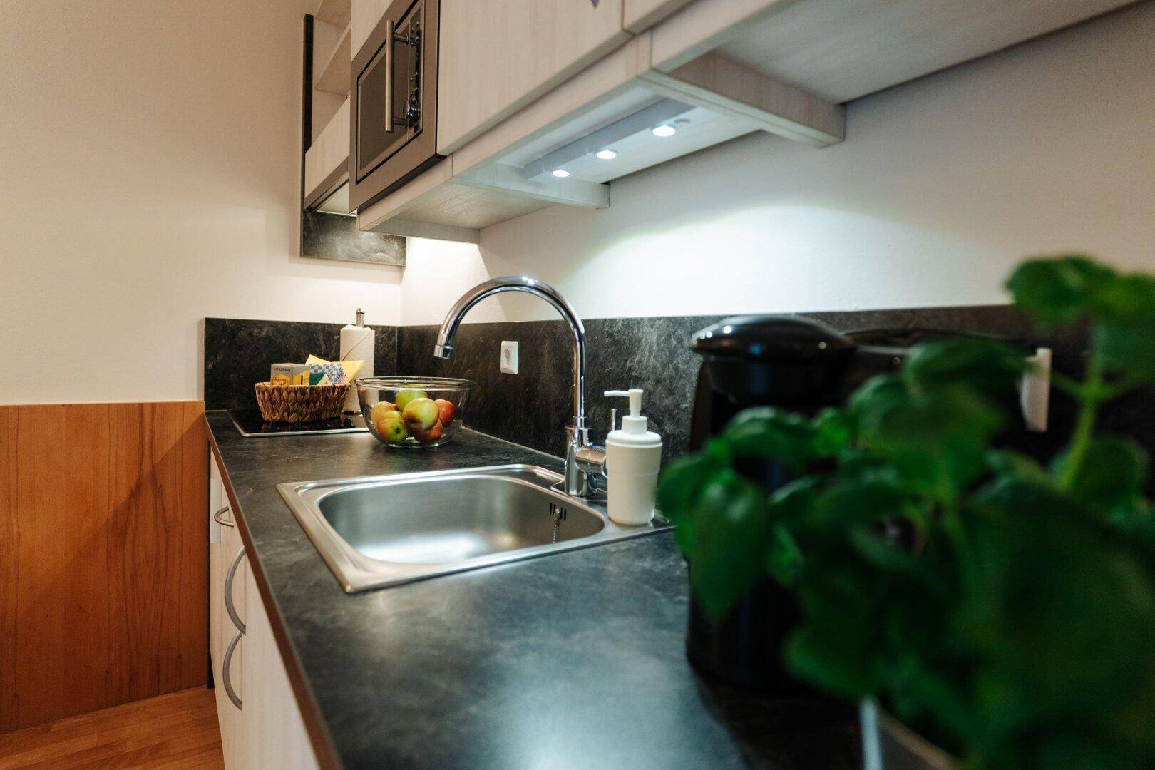 Nahaufnahme einer Küchenzeile mit Spülbecken, Mikrowelle und dunkler Arbeitsplatte in modernem Design.