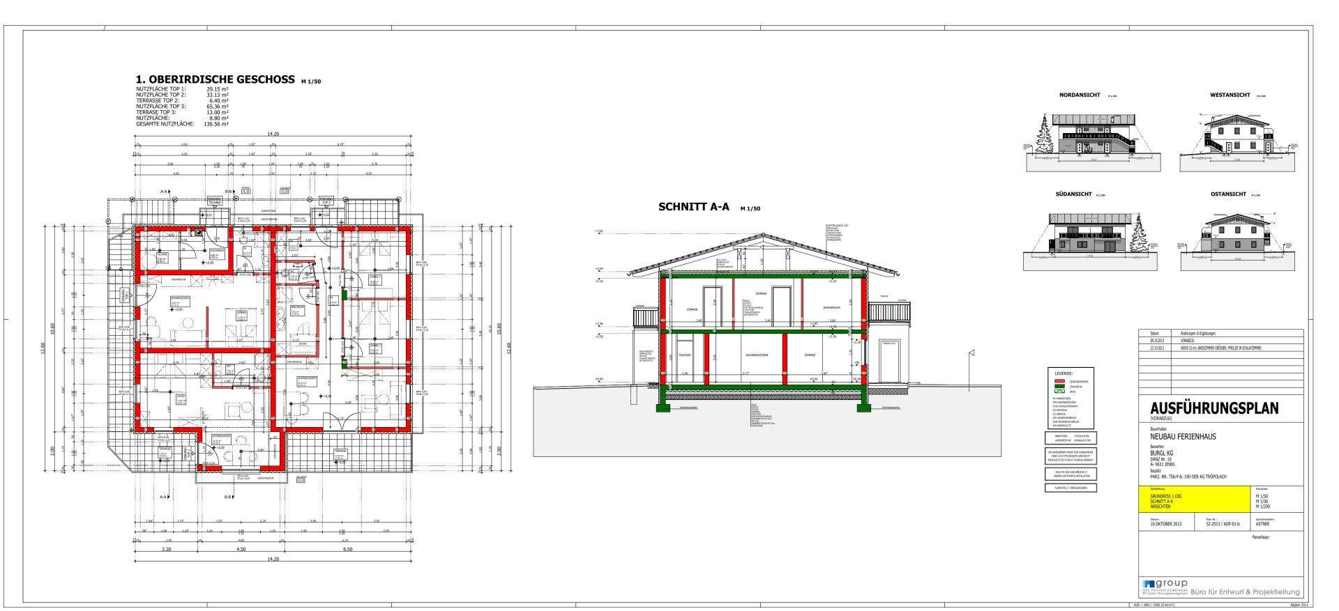 Grundriss des ersten Obergeschosses mit Schnittansicht und weiteren architektonischen Details.