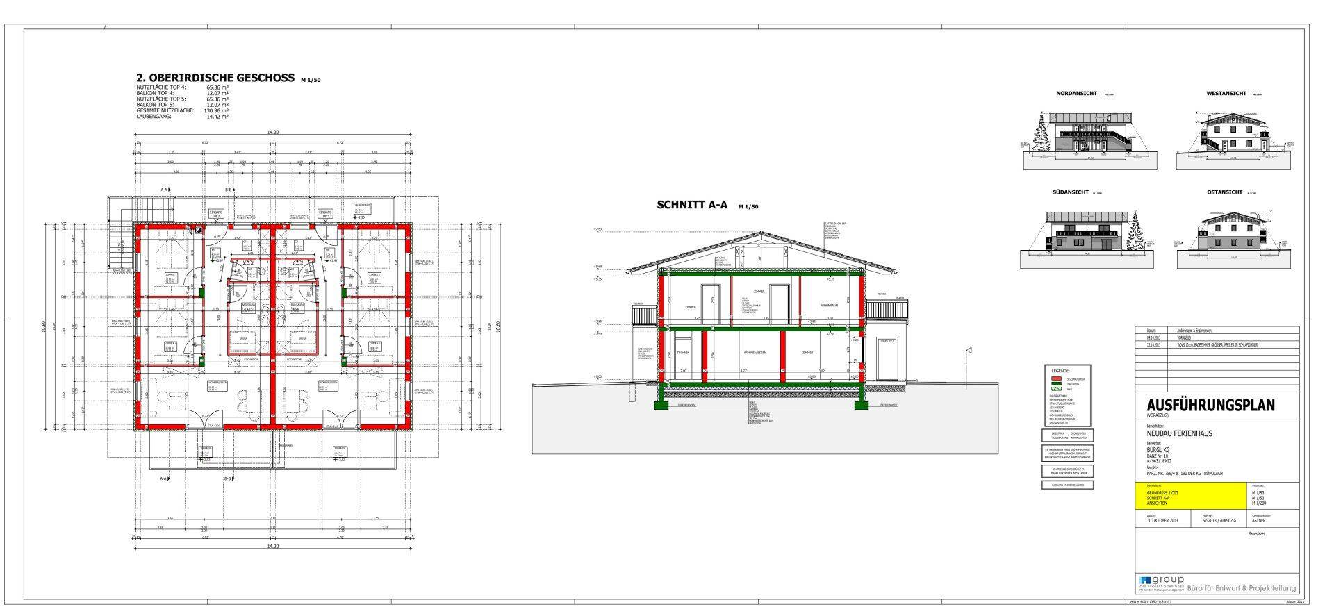 Grundriss des zweiten Obergeschosses mit Schnittansicht und weiteren architektonischen Details.