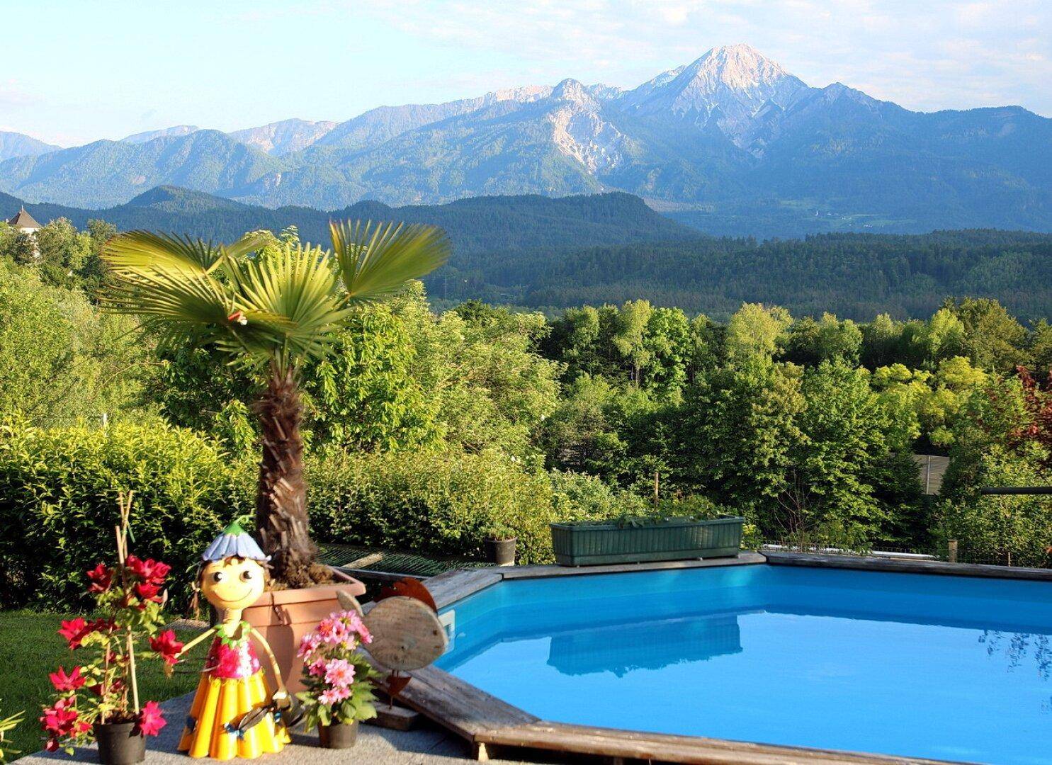 Sonniger Gartenbereich mit Pool, Palmen und dekorativen Elementen, umgeben von grüner Natur.