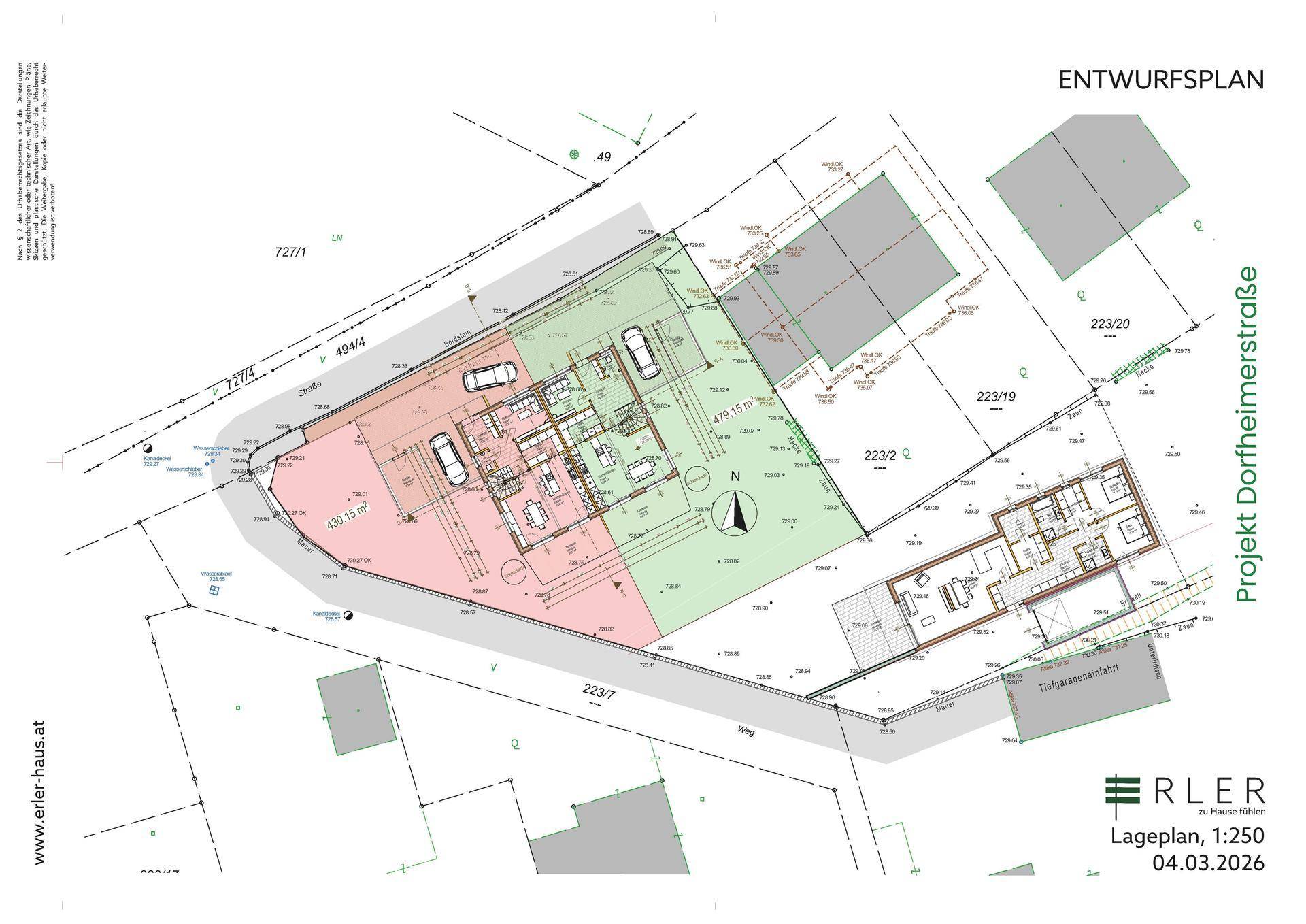 Lageplan des Projekts Dorfheimerstraße mit Grundstücksgrenzen und Gebäudepositionen.