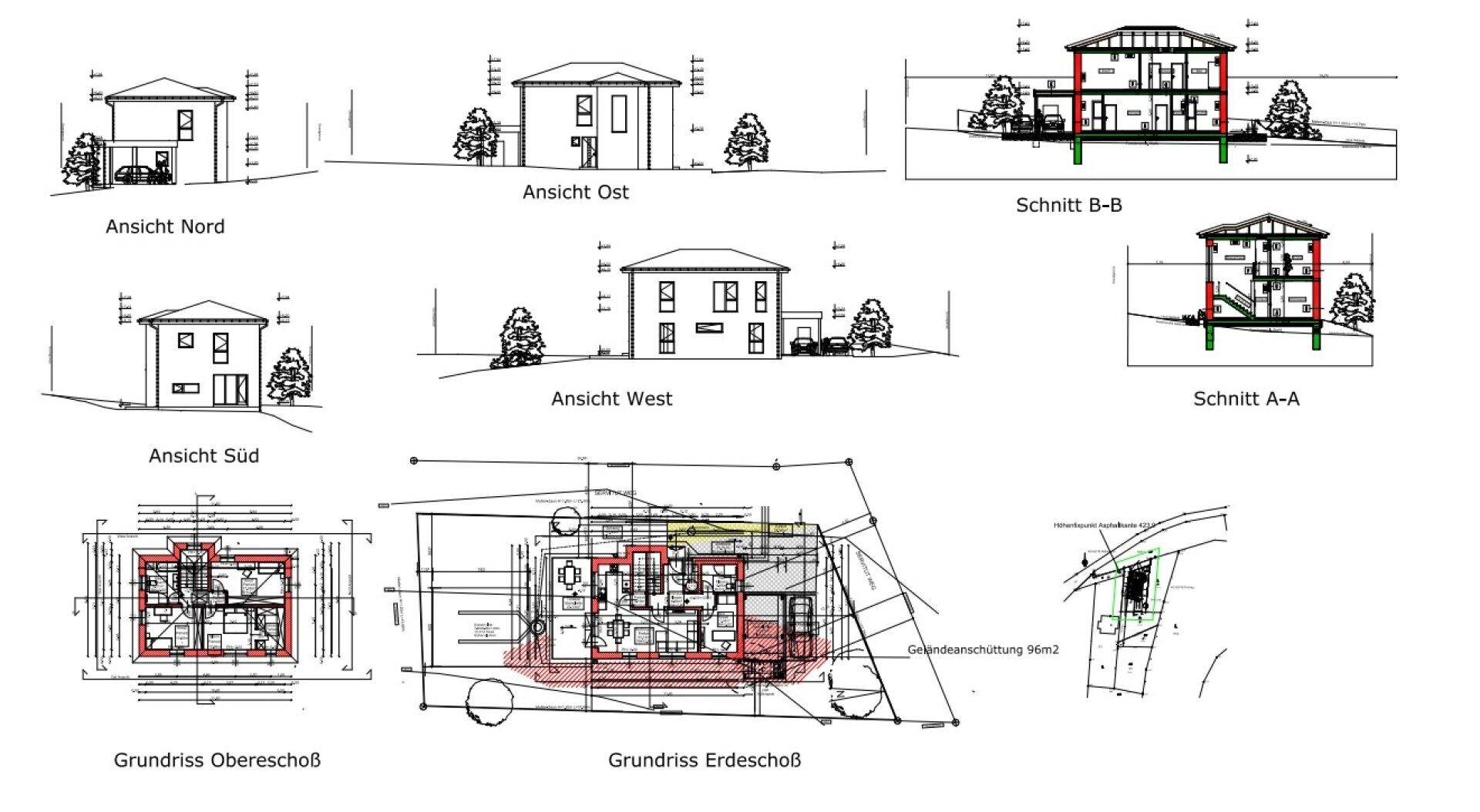 Architektonische Zeichnungen mit Ansichten, Schnitten und Grundrissen des Gebäudes auf einem Plan.