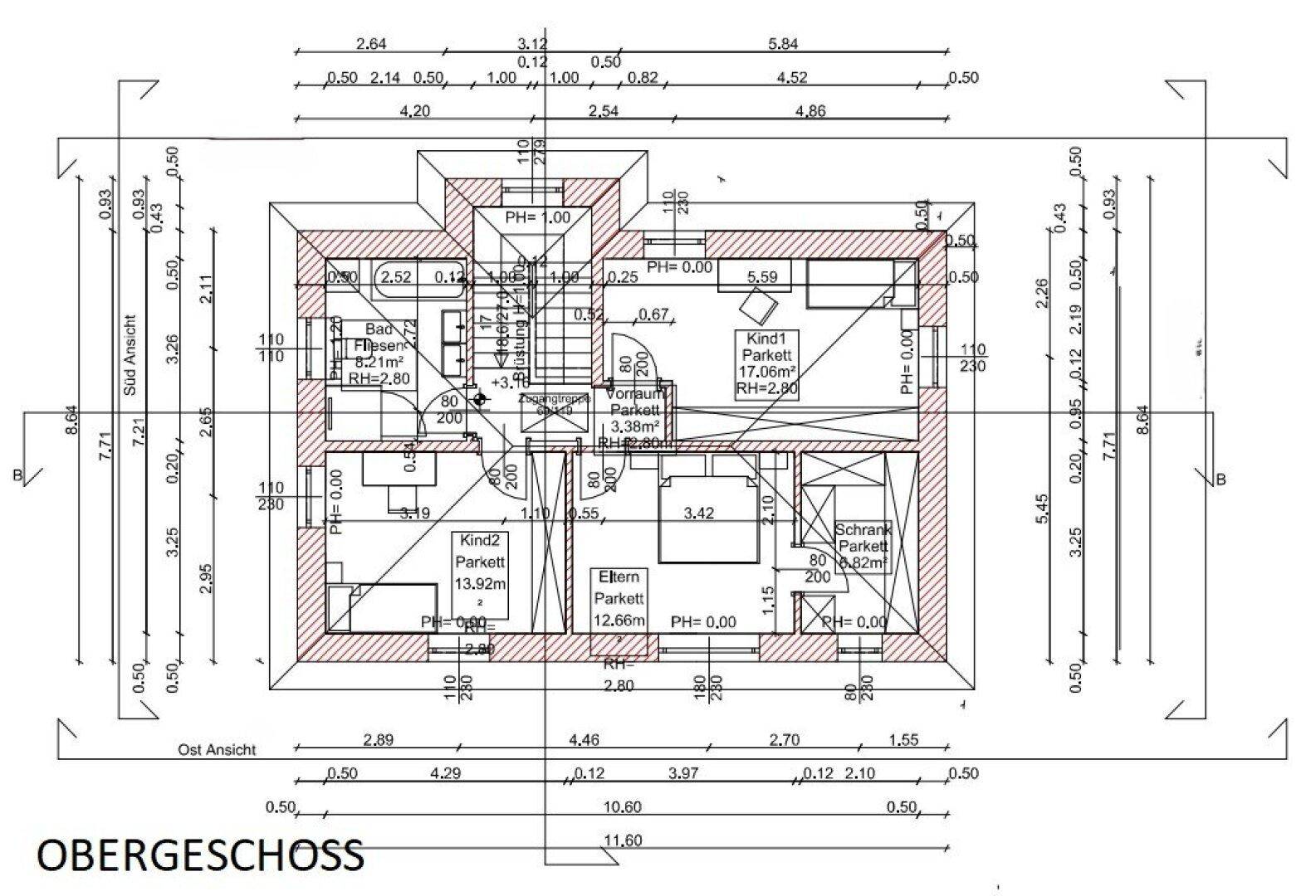 Detaillierter Grundriss des Obergeschosses mit Schlafzimmern, Bad und Balkon für die Bewohner.