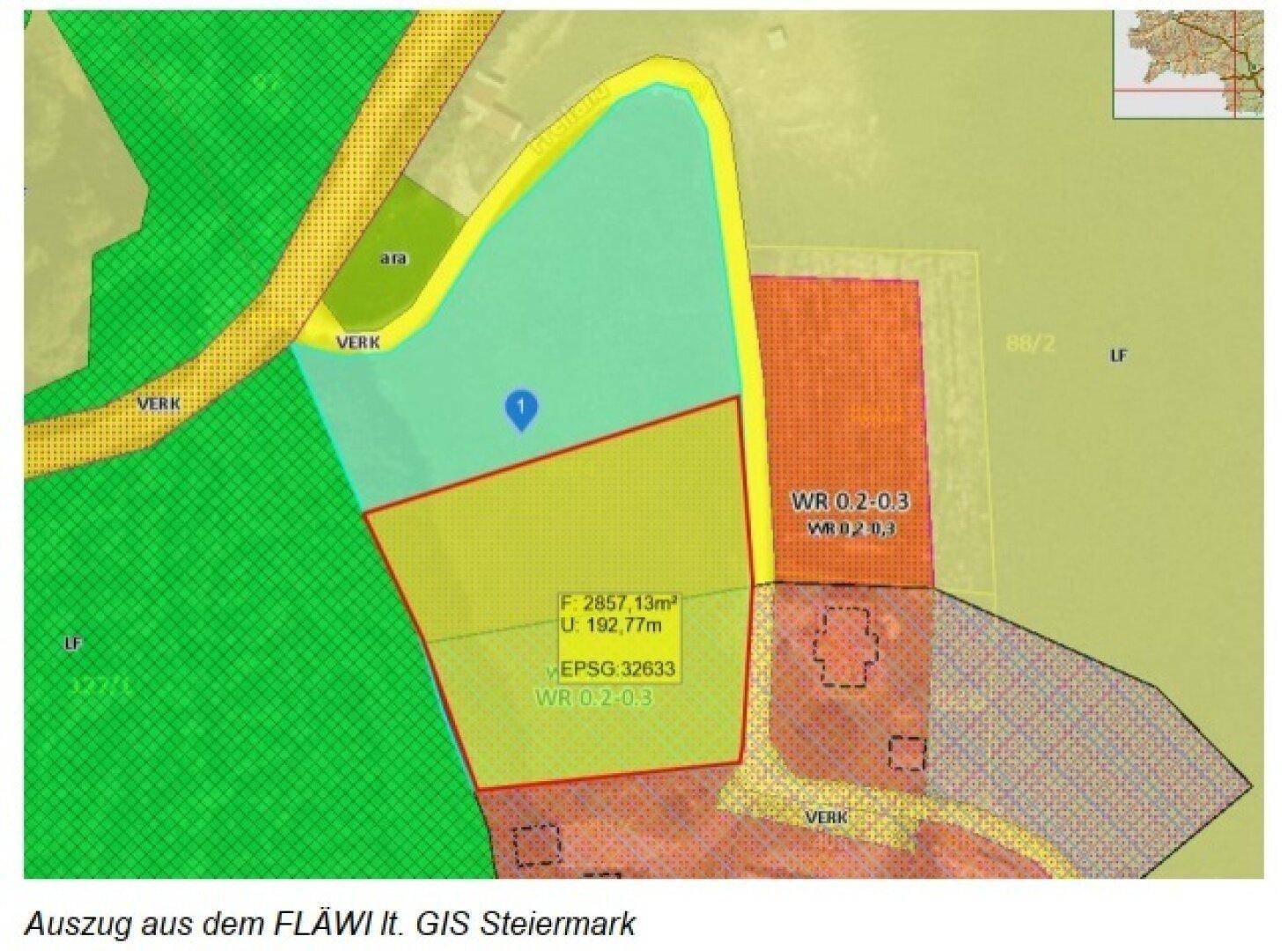 Ein Auszug aus dem Flächenwidmungsplan (FLÄWI) des GIS Steiermark mit markiertem Grundstück.