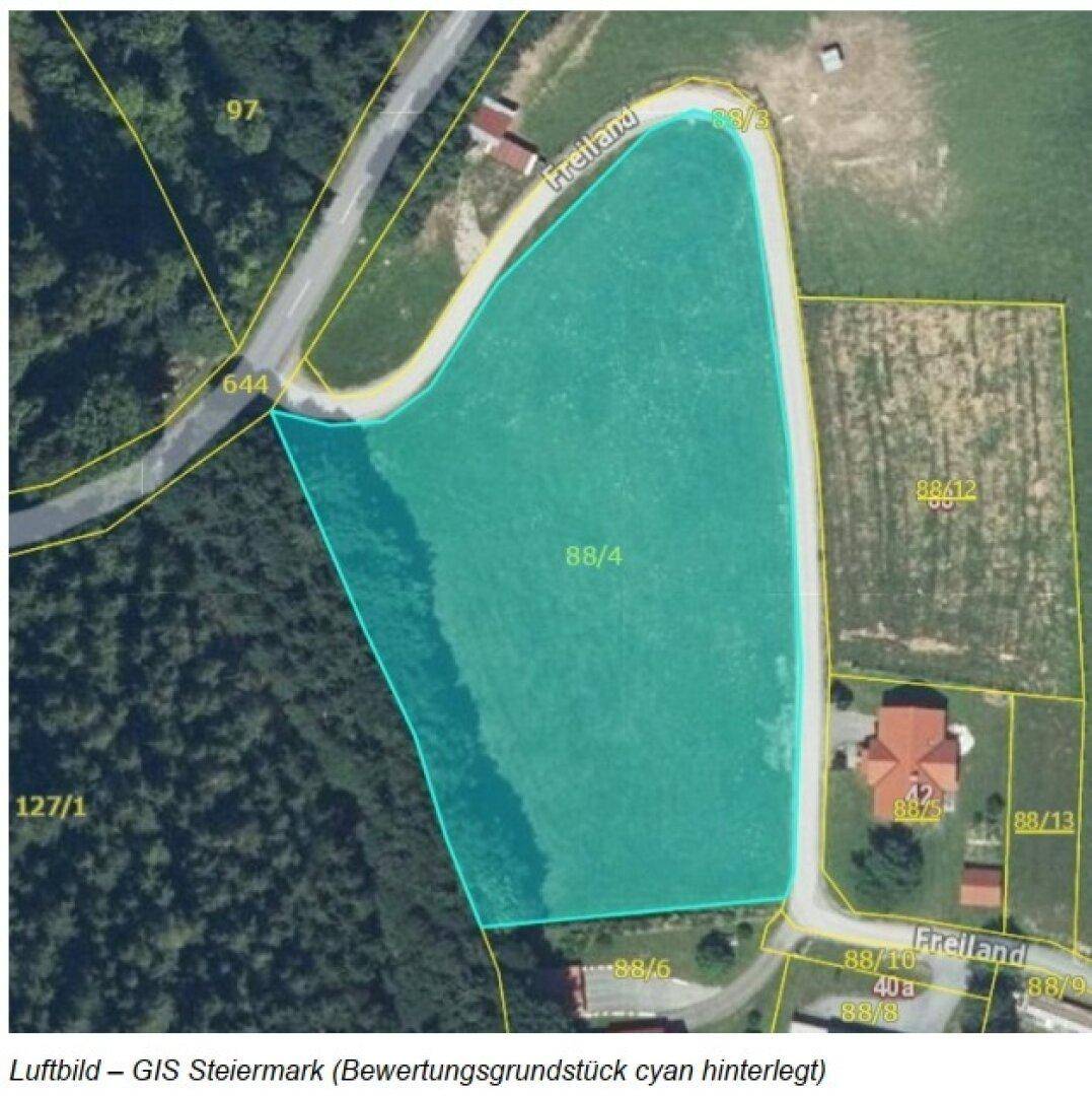 Ein Luftbild des GIS Steiermark zeigt ein bewertetes Grundstück in Cyan-Hinterlegung.