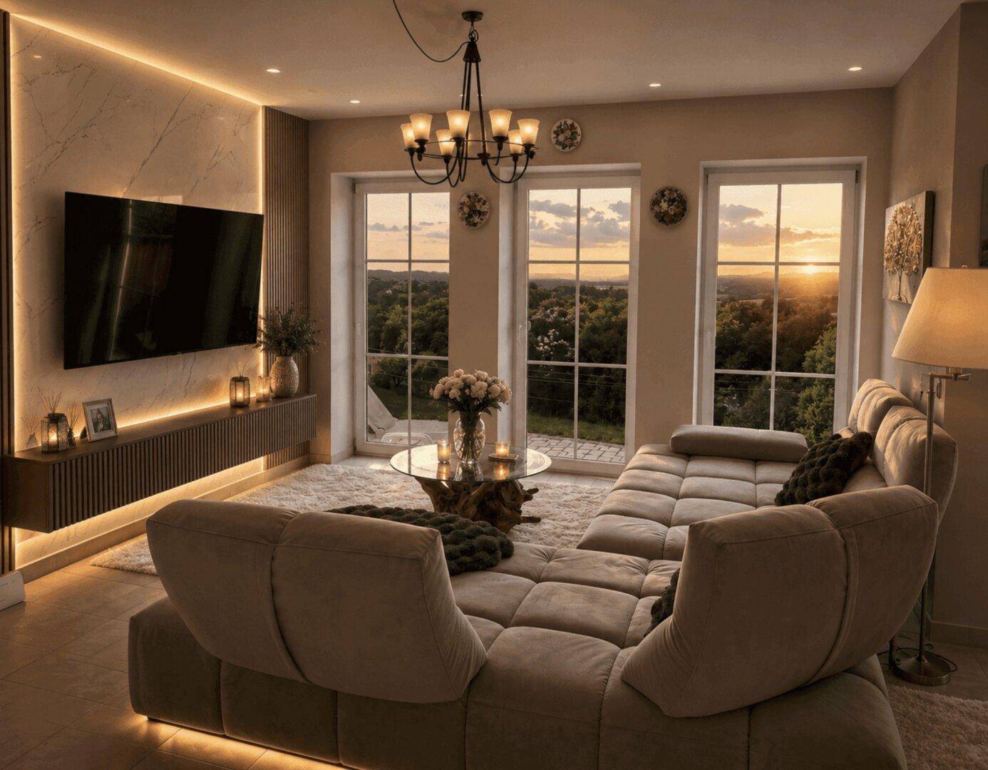 Modernes Wohnzimmer mit stimmungsvoller Beleuchtung und Panoramablick auf den Sonnenuntergang.