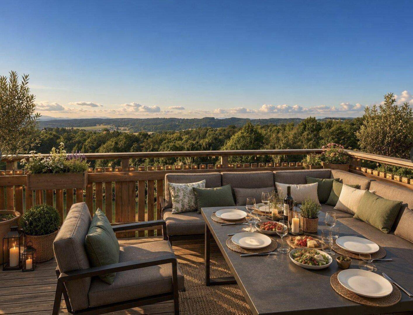 Große Holzterrasse mit Esstisch und Sitzgruppe, ideal für Mahlzeiten im Freien mit Weitblick.