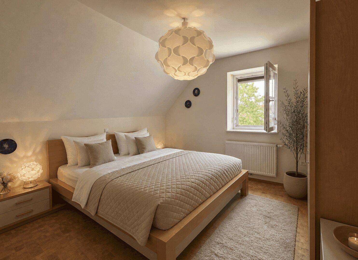 Helles Schlafzimmer mit Holzbett, Teppich und Fenster, unter einem Dachschrägenbereich gelegen.